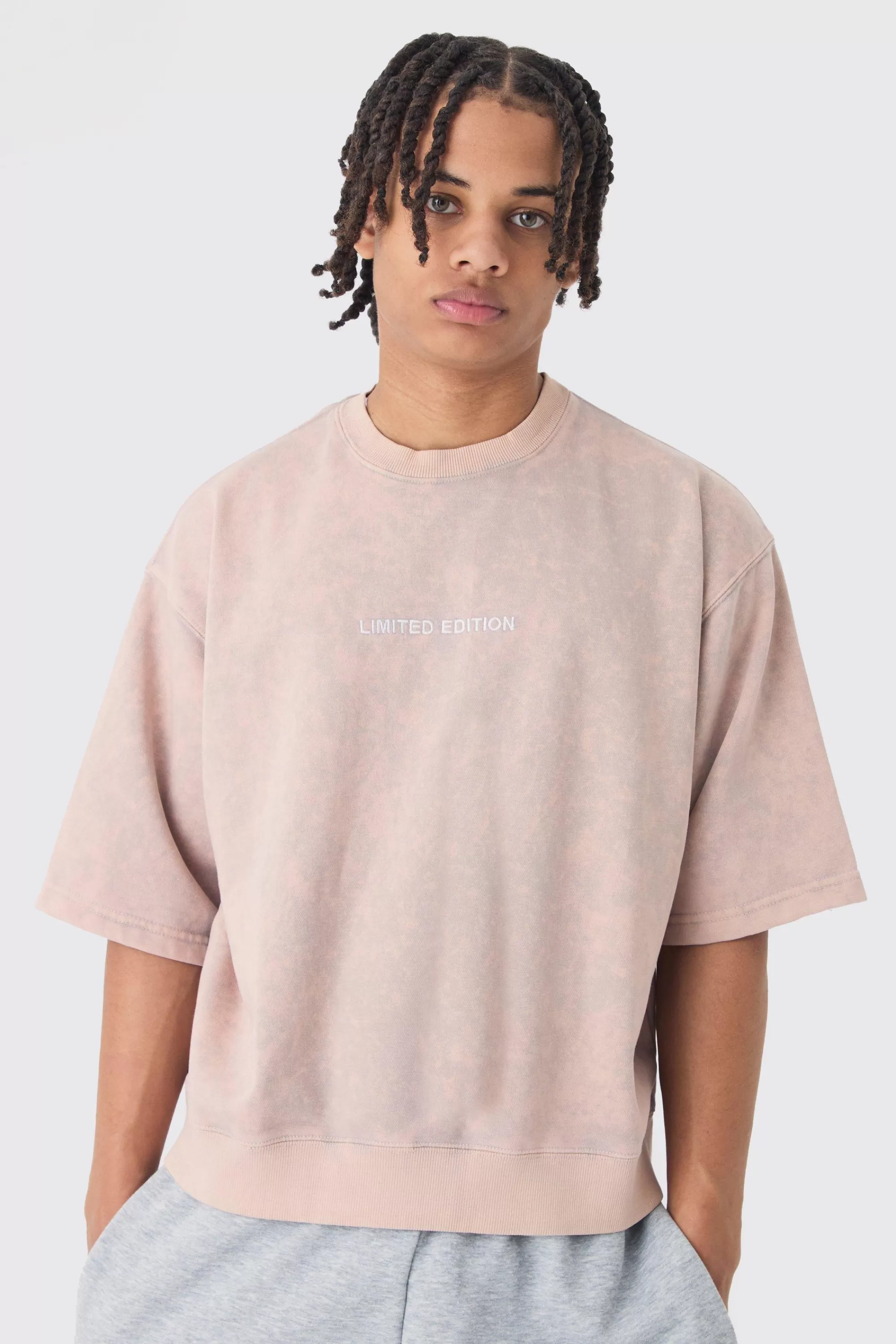 boohooMAN Oversized Boxy Half Sleeve Acid Washed Sweatshirt | UK