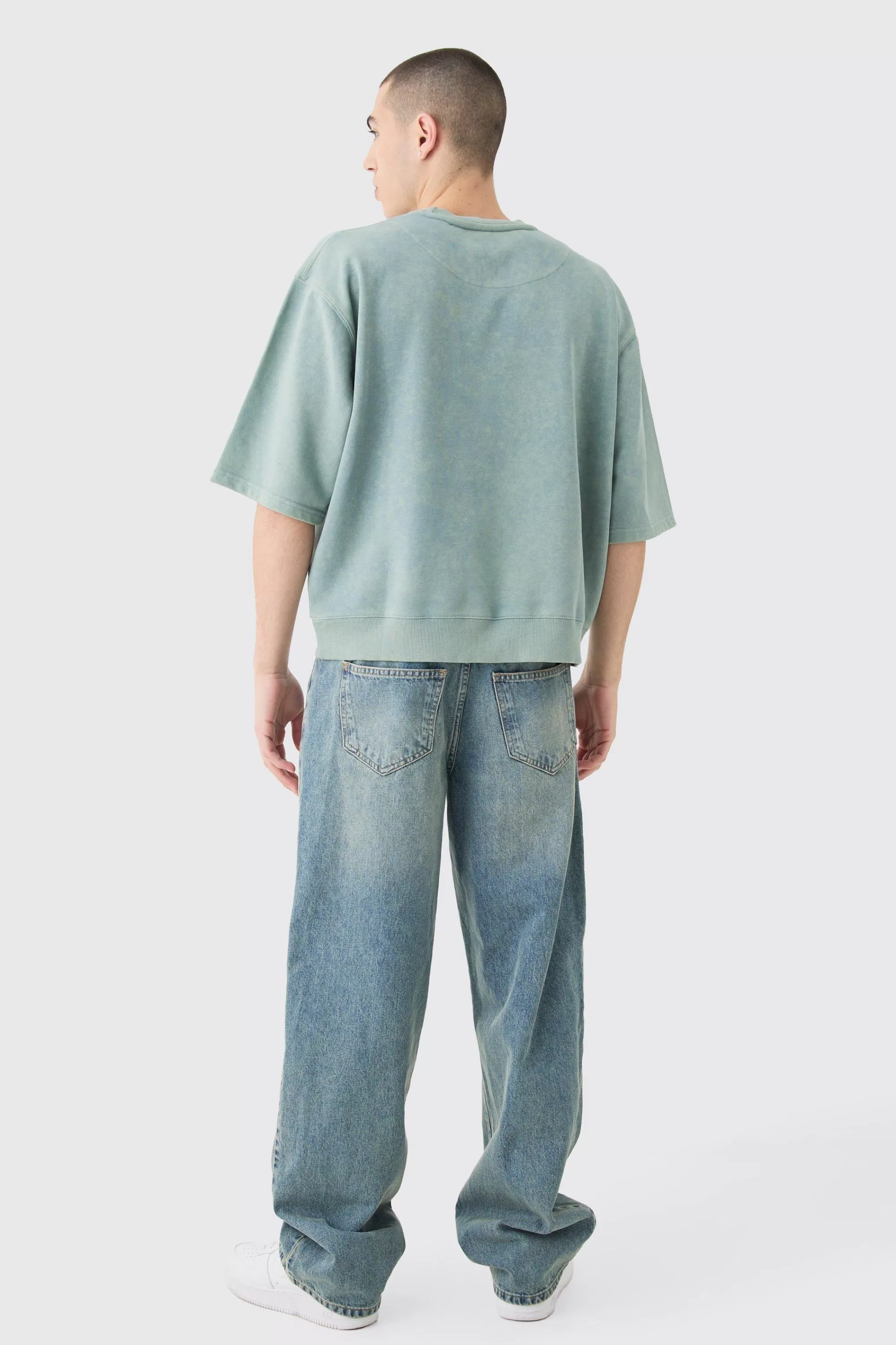 boohooMAN Oversized Boxy Half Sleeve Acid Washed Sweatshirt | UK
