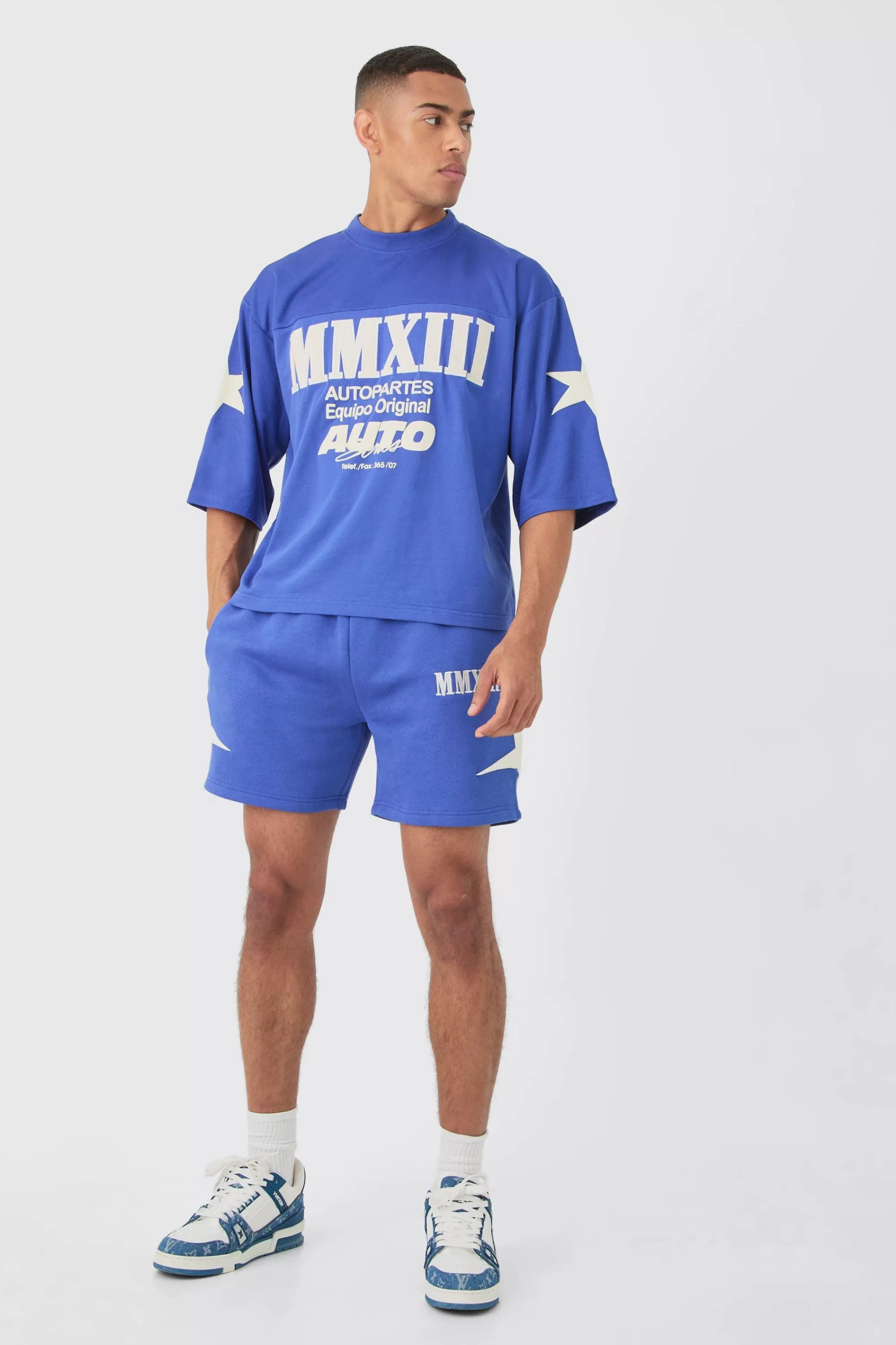 boohooMAN Oversized Boxy Half Sleeve Applique Moto T-shirt & Short Set | UK