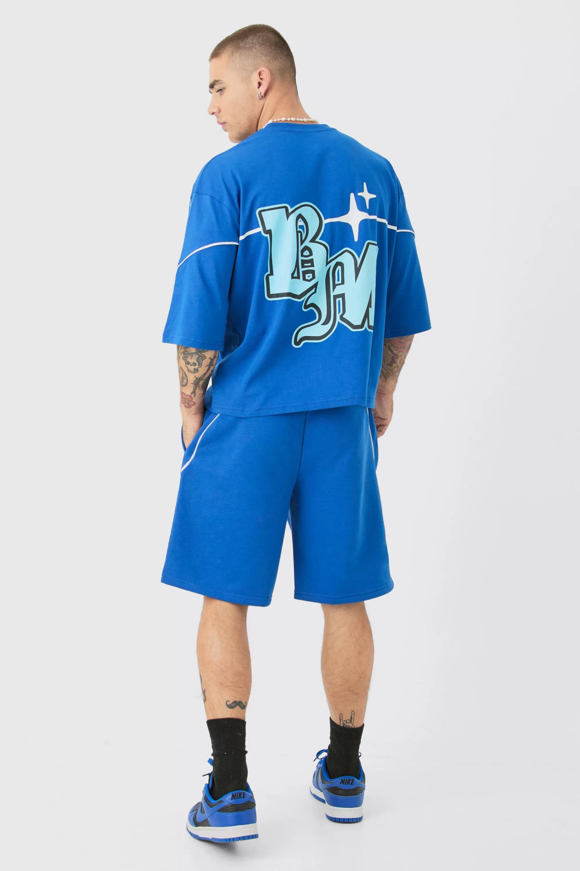 boohooMAN Oversized Boxy Half Sleeve BM Print T-shirt & Short Set | UK
