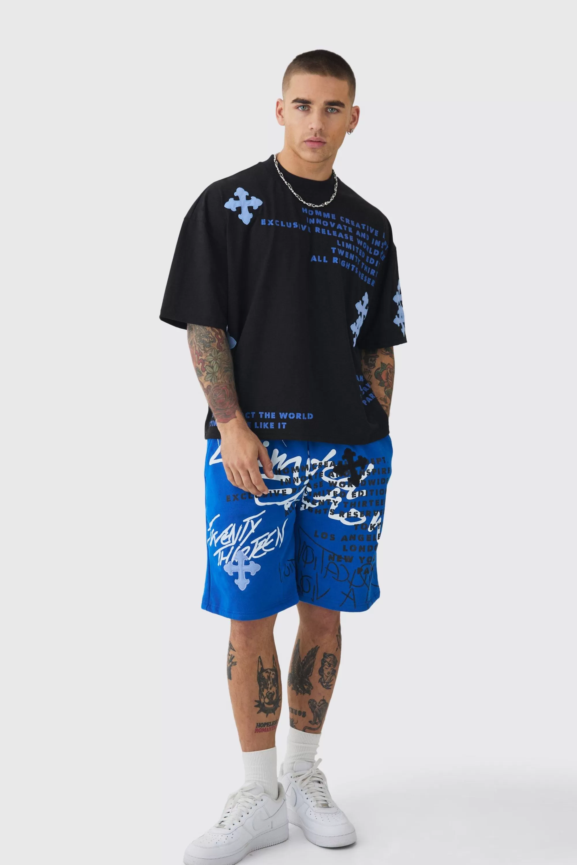 boohooMAN Oversized Boxy Half Sleeve Cross Applique T-shirt & Short Set | UK