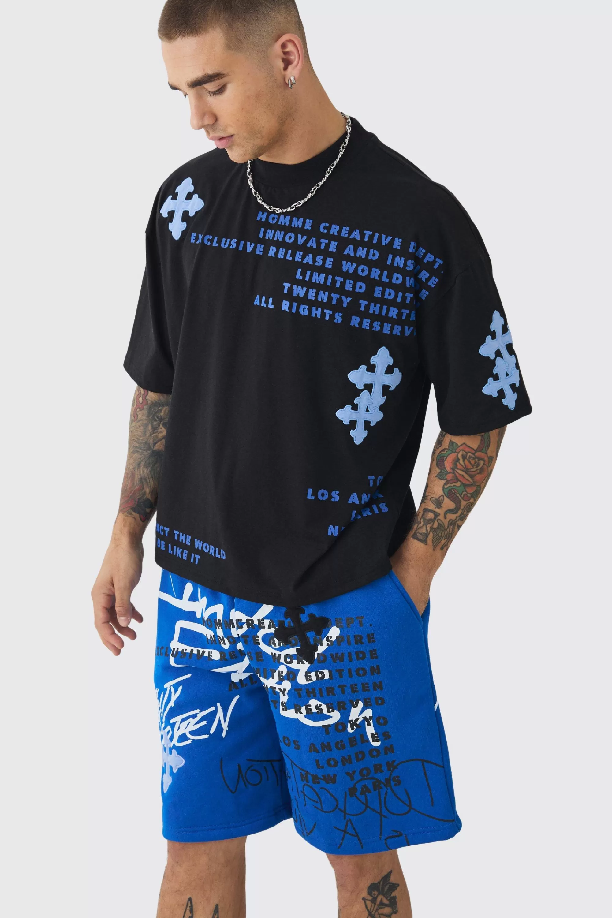 boohooMAN Oversized Boxy Half Sleeve Cross Applique T-shirt & Short Set | UK