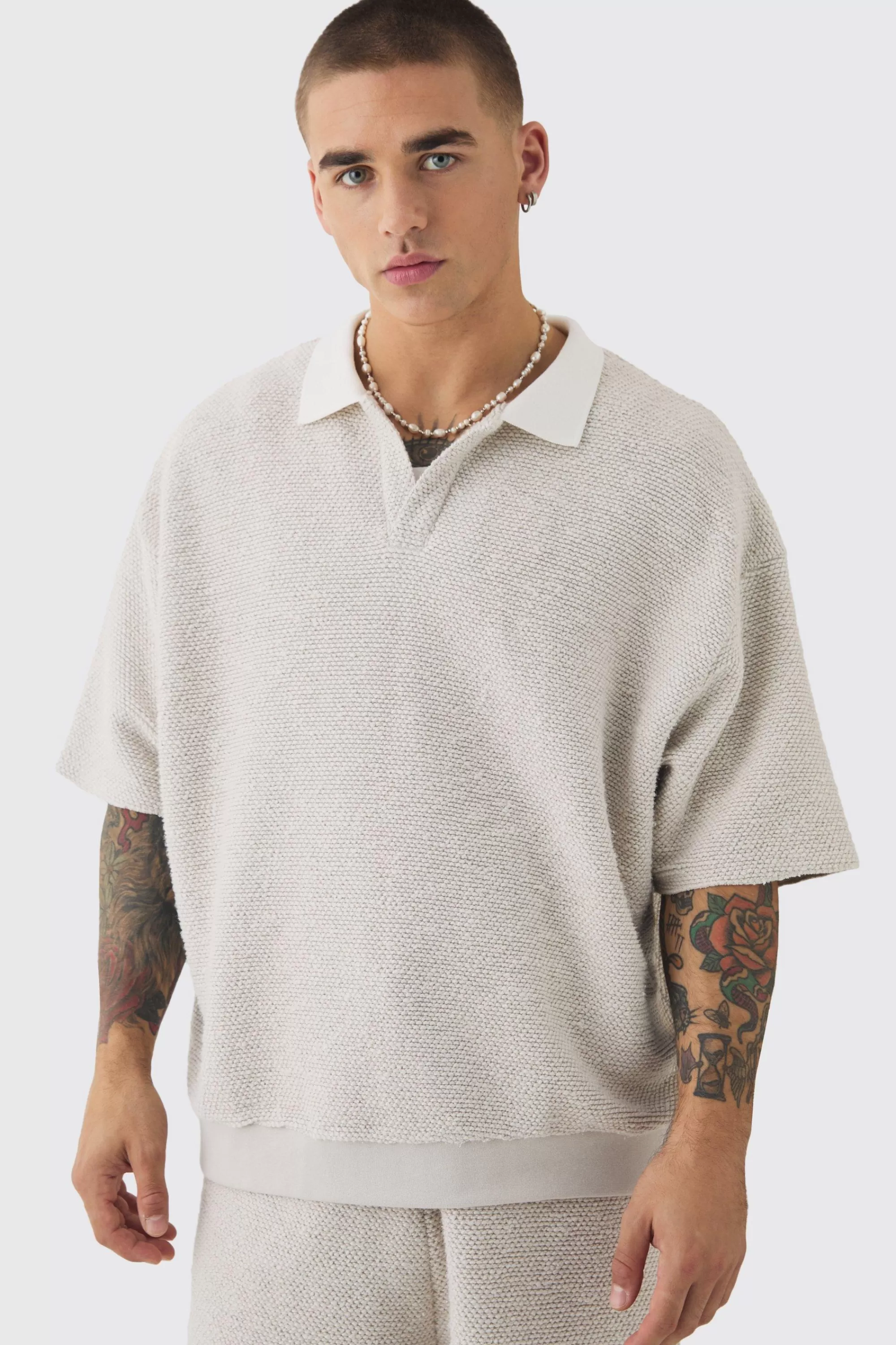 boohooMAN Oversized Boxy Heavy Boucle Short Sleeve Rugby Sweat | UK