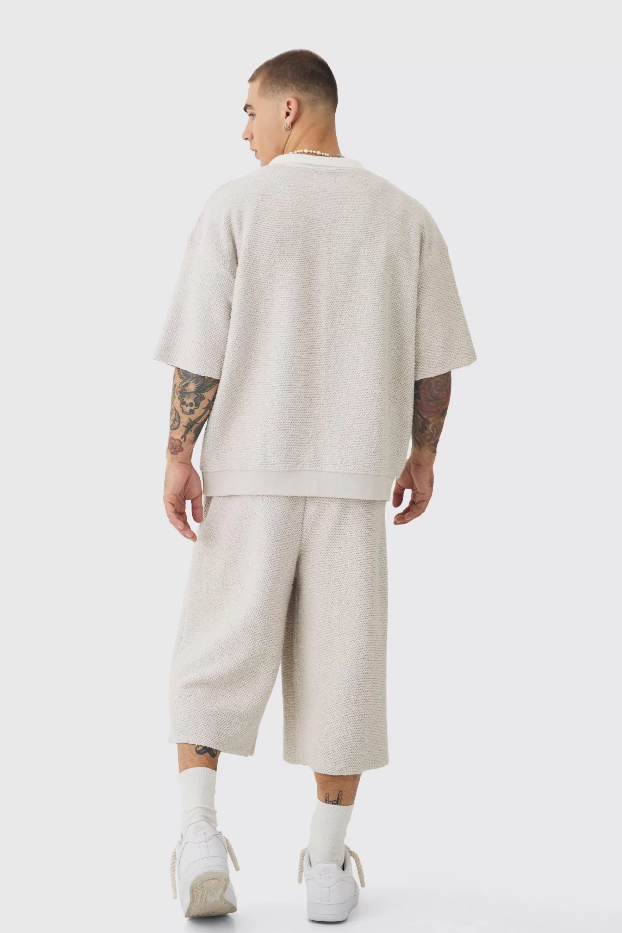 boohooMAN Oversized Boxy Heavy Boucle Short Sleeve Rugby Sweat | UK
