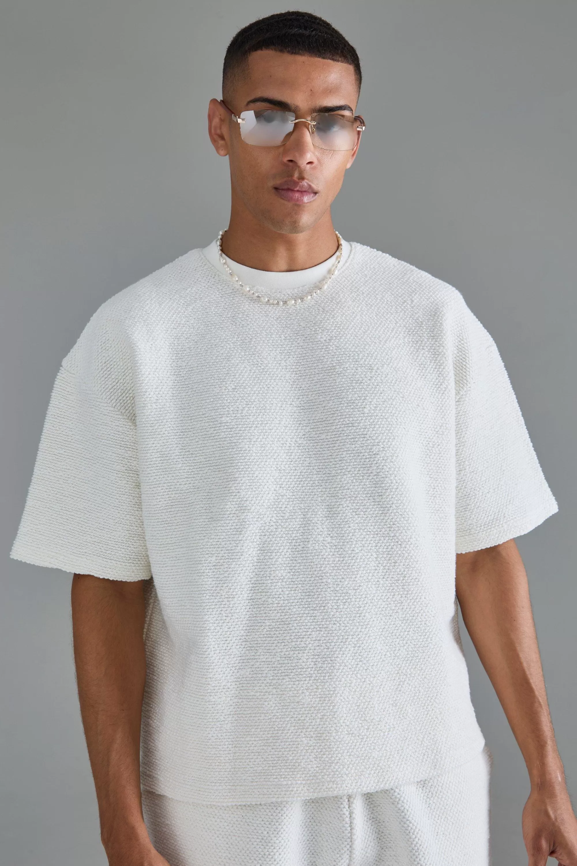 boohooMAN Oversized Boxy Heavy Boucle Short Sleeve Sweatshirt | UK