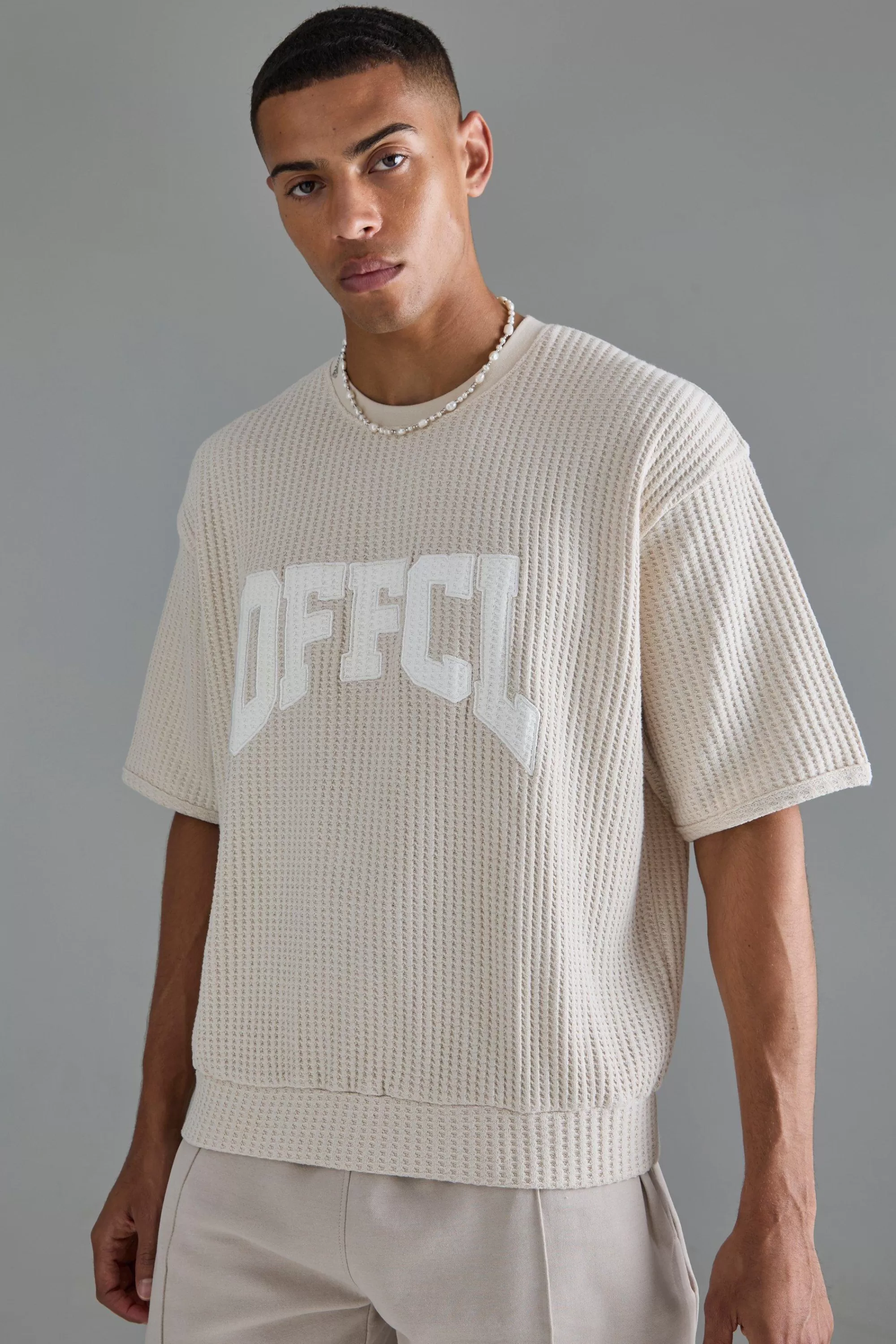 boohooMAN Oversized Boxy Heavy Jumbo Waffle Applique Sweatshirt | UK