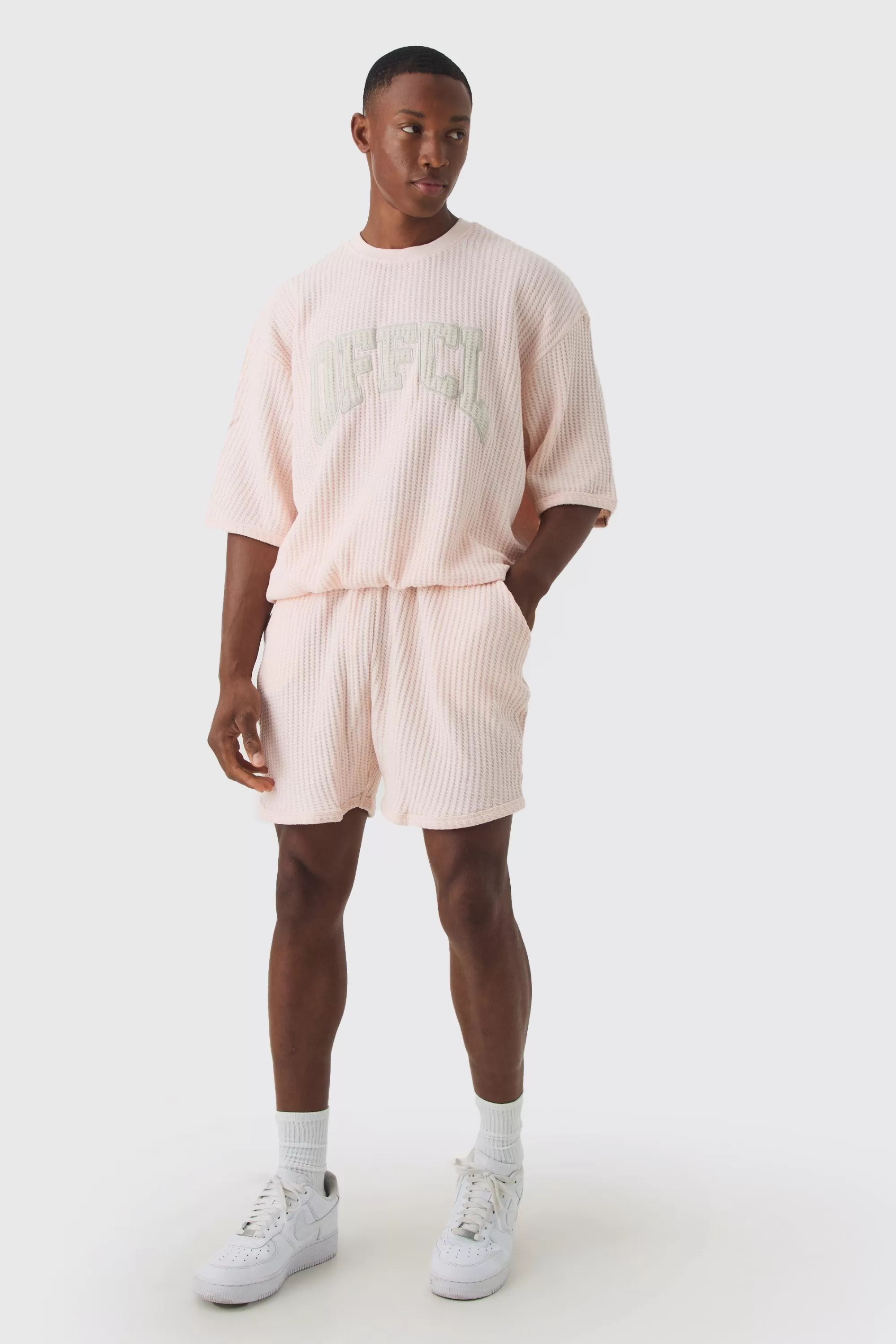 boohooMAN Oversized Boxy Heavy Jumbo Waffle Sweatshirt & Short Set | UK