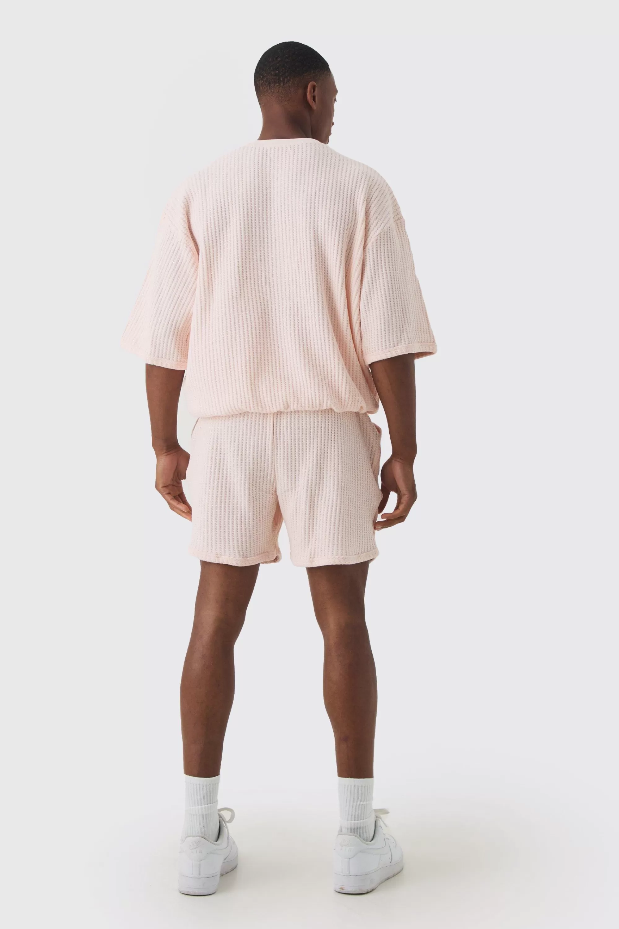 boohooMAN Oversized Boxy Heavy Jumbo Waffle Sweatshirt & Short Set | UK