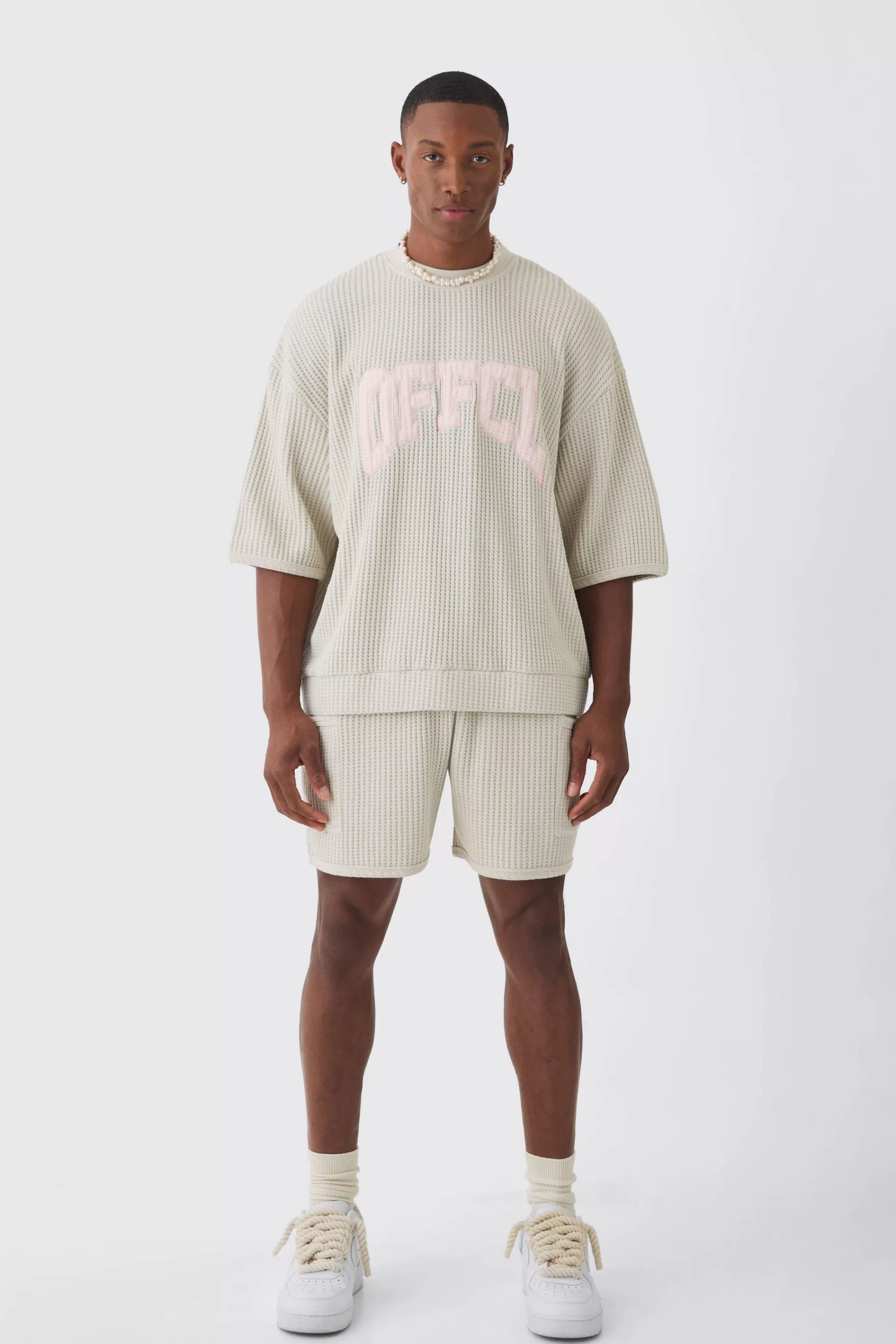 boohooMAN Oversized Boxy Heavyweight Jumbo Waffle Sweat & Short Set | UK