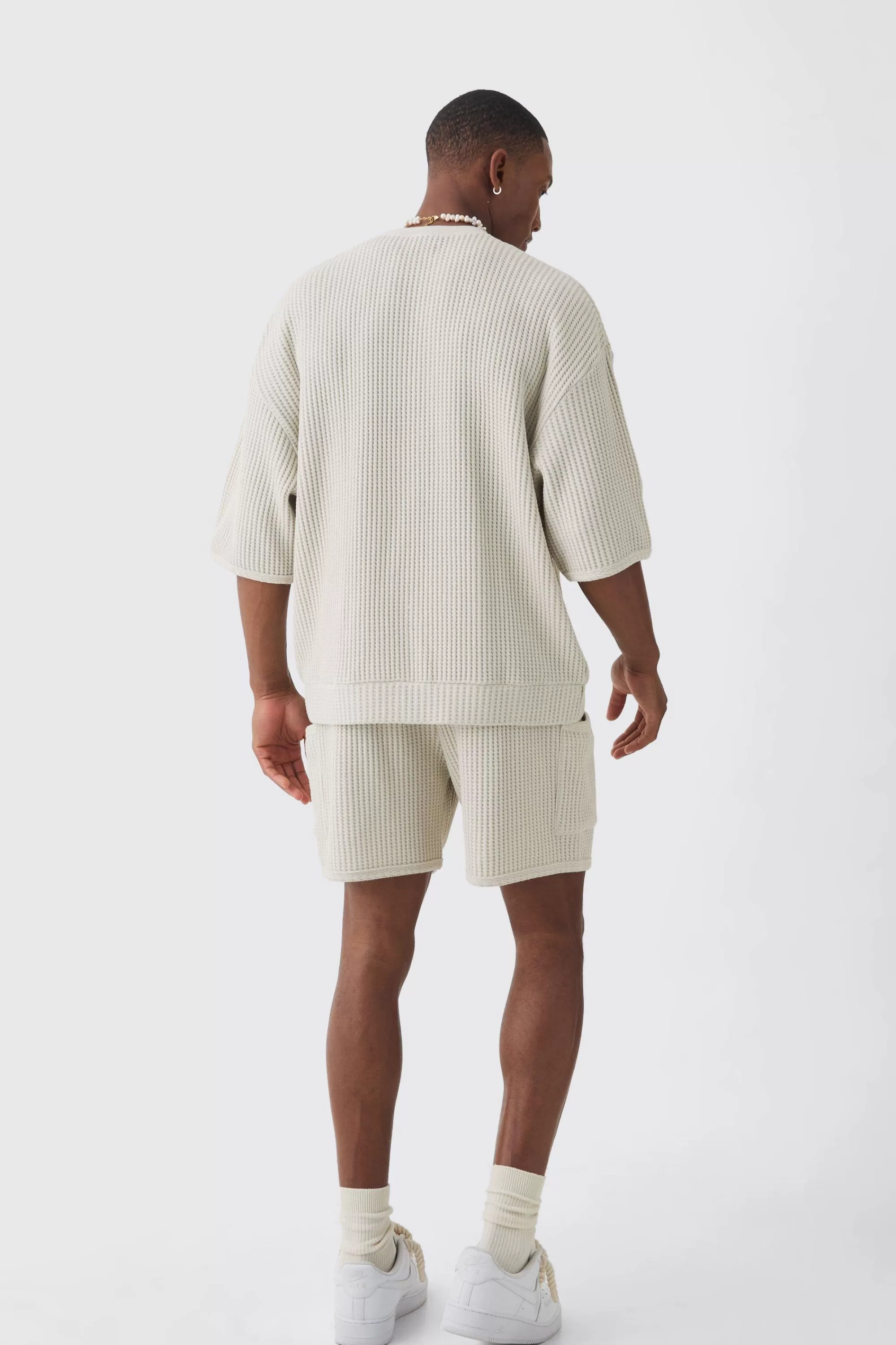 boohooMAN Oversized Boxy Heavyweight Jumbo Waffle Sweat & Short Set | UK