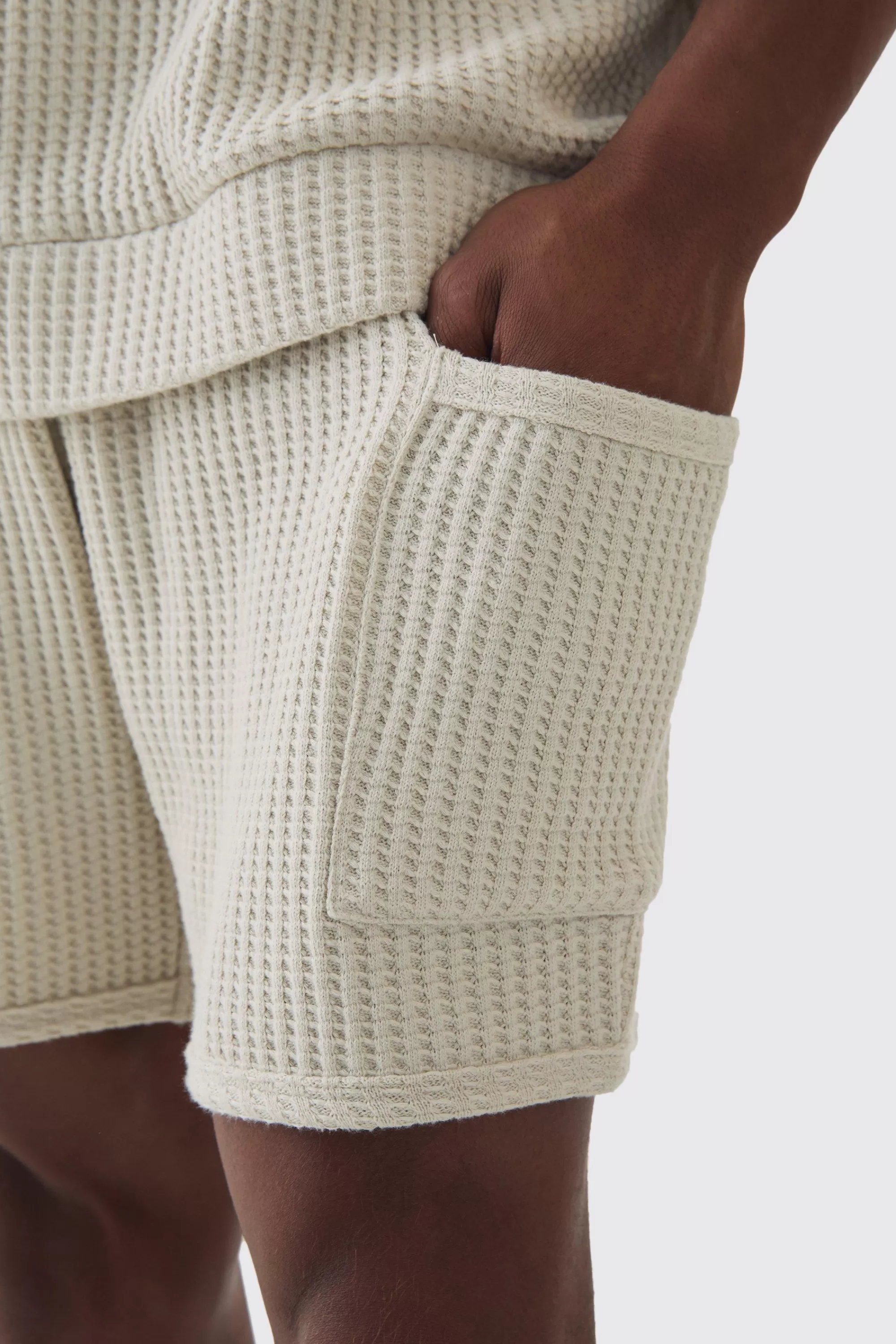 boohooMAN Oversized Boxy Heavyweight Jumbo Waffle Sweat & Short Set | UK