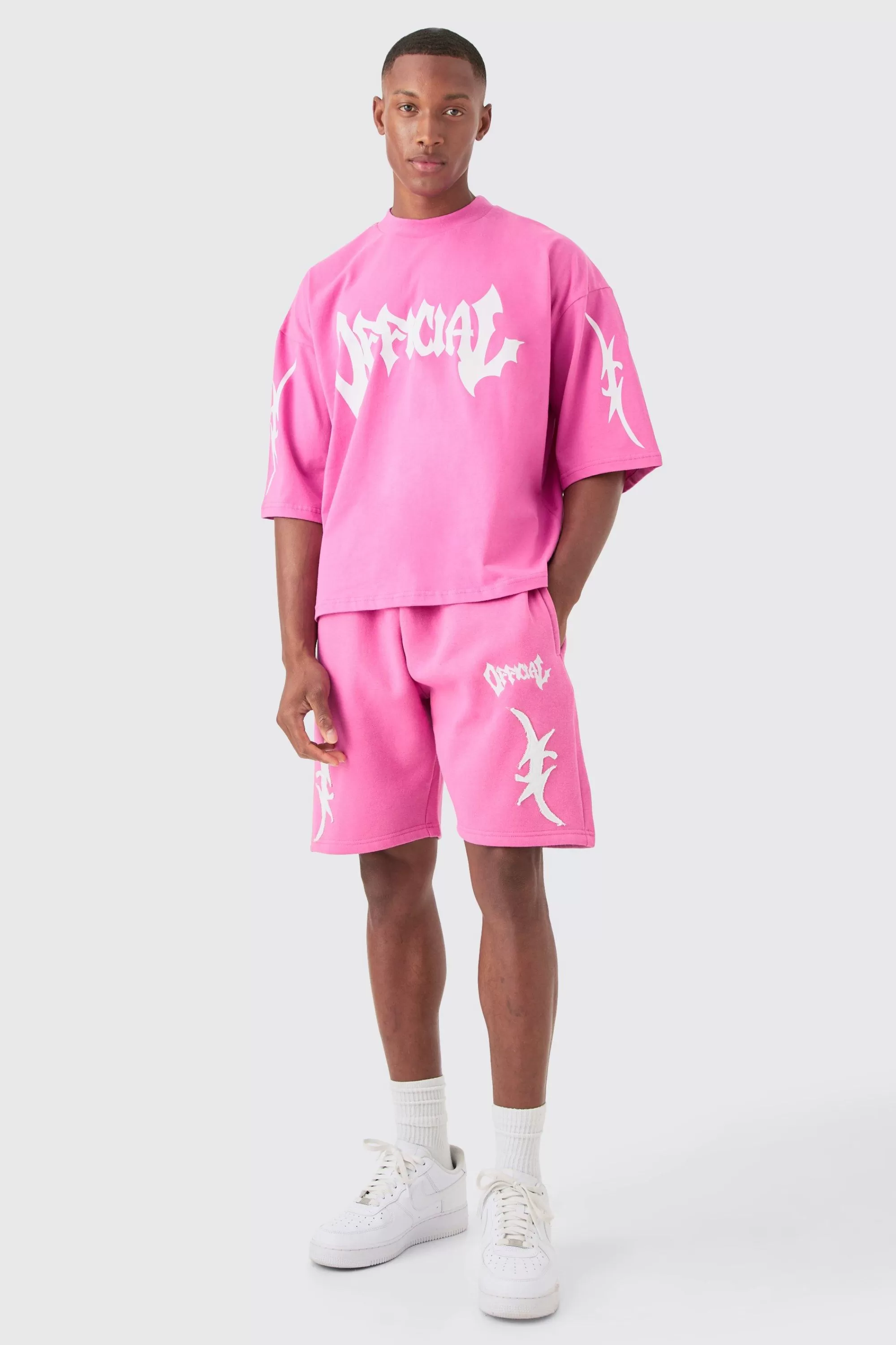 boohooMAN Oversized Boxy Heavyweight Official Applique T-shirt & Short Set | UK