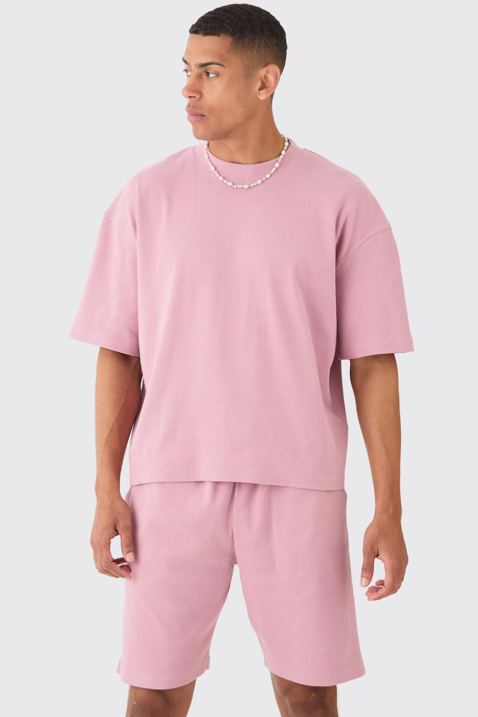 boohooMAN Oversized Boxy Heavyweight Ribbed T-shirt & Shorts Set | UK