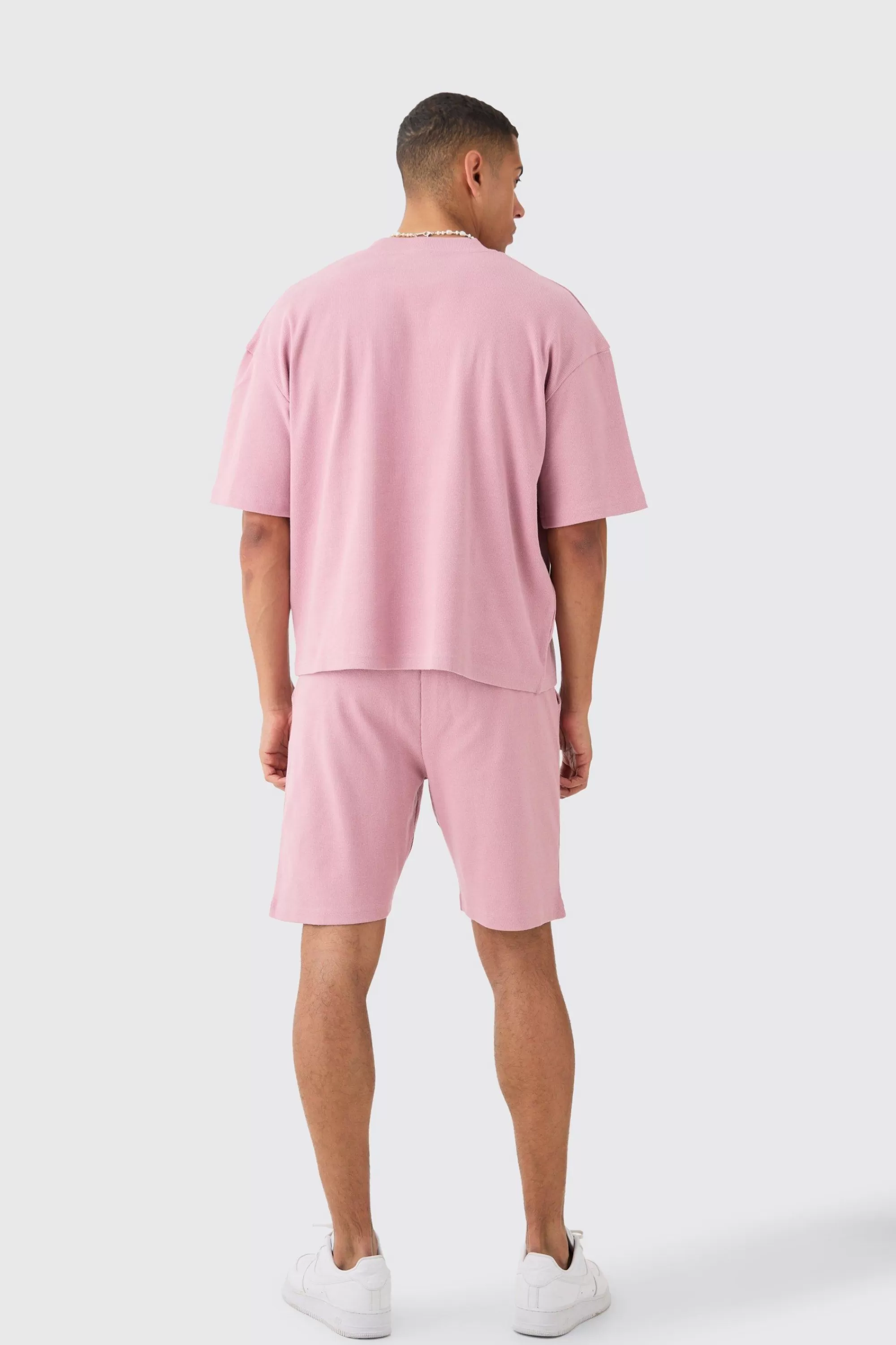 boohooMAN Oversized Boxy Heavyweight Ribbed T-shirt & Shorts Set | UK