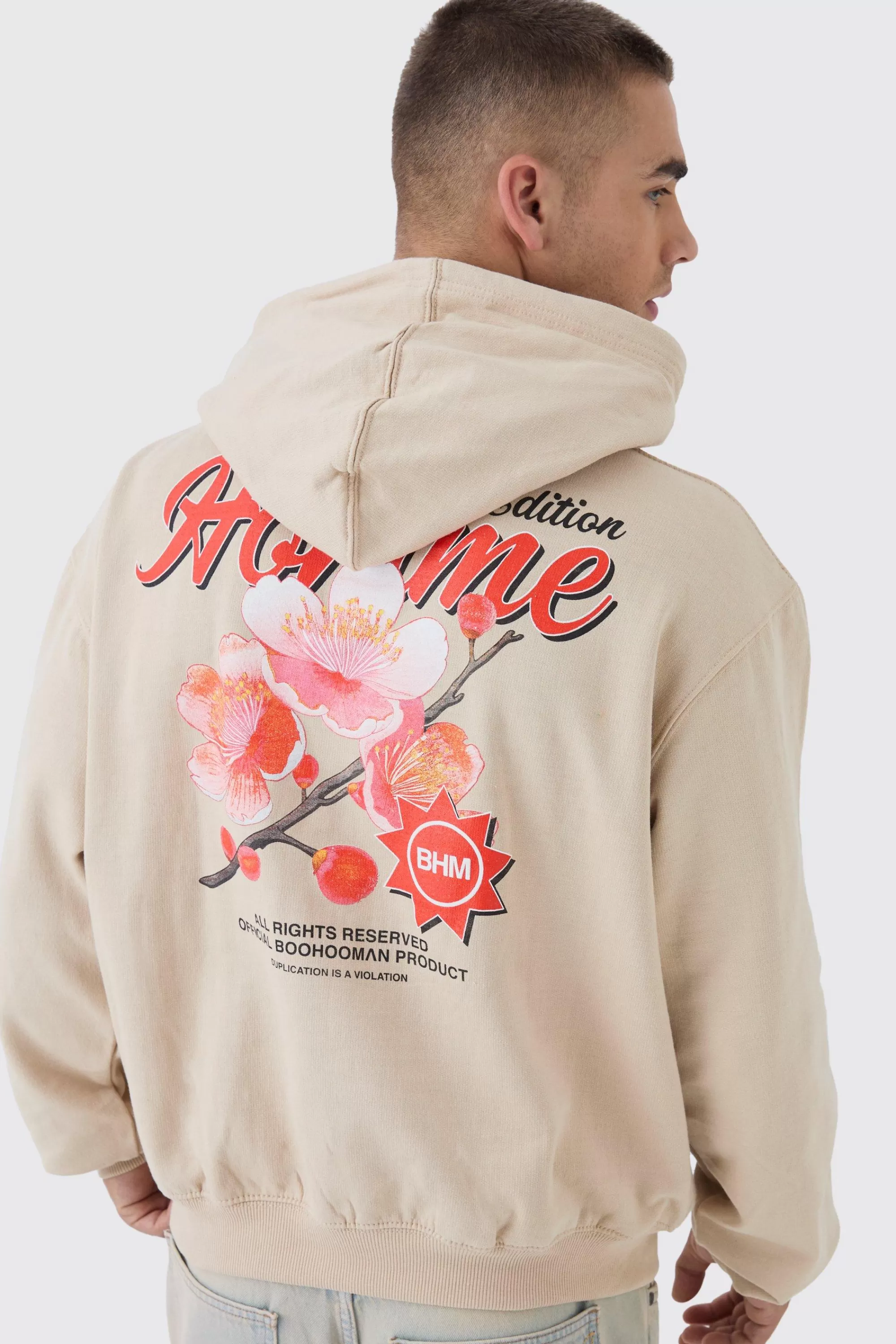boohooMAN Oversized Boxy Homme Floral Back Print Hoodie | UK