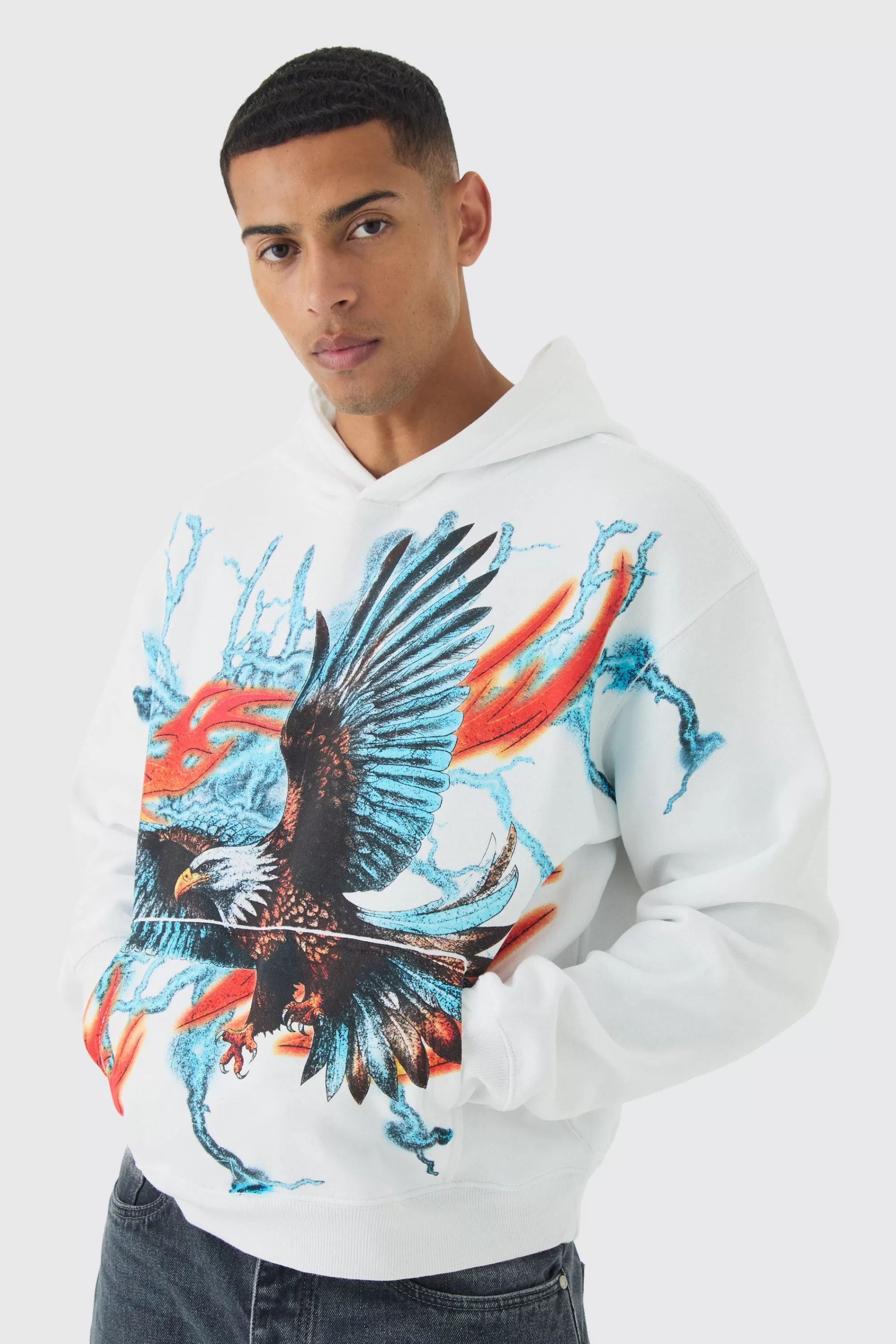 boohooMAN Oversized Boxy Large Scale Lightning Eagle Graphic Hoodie | UK