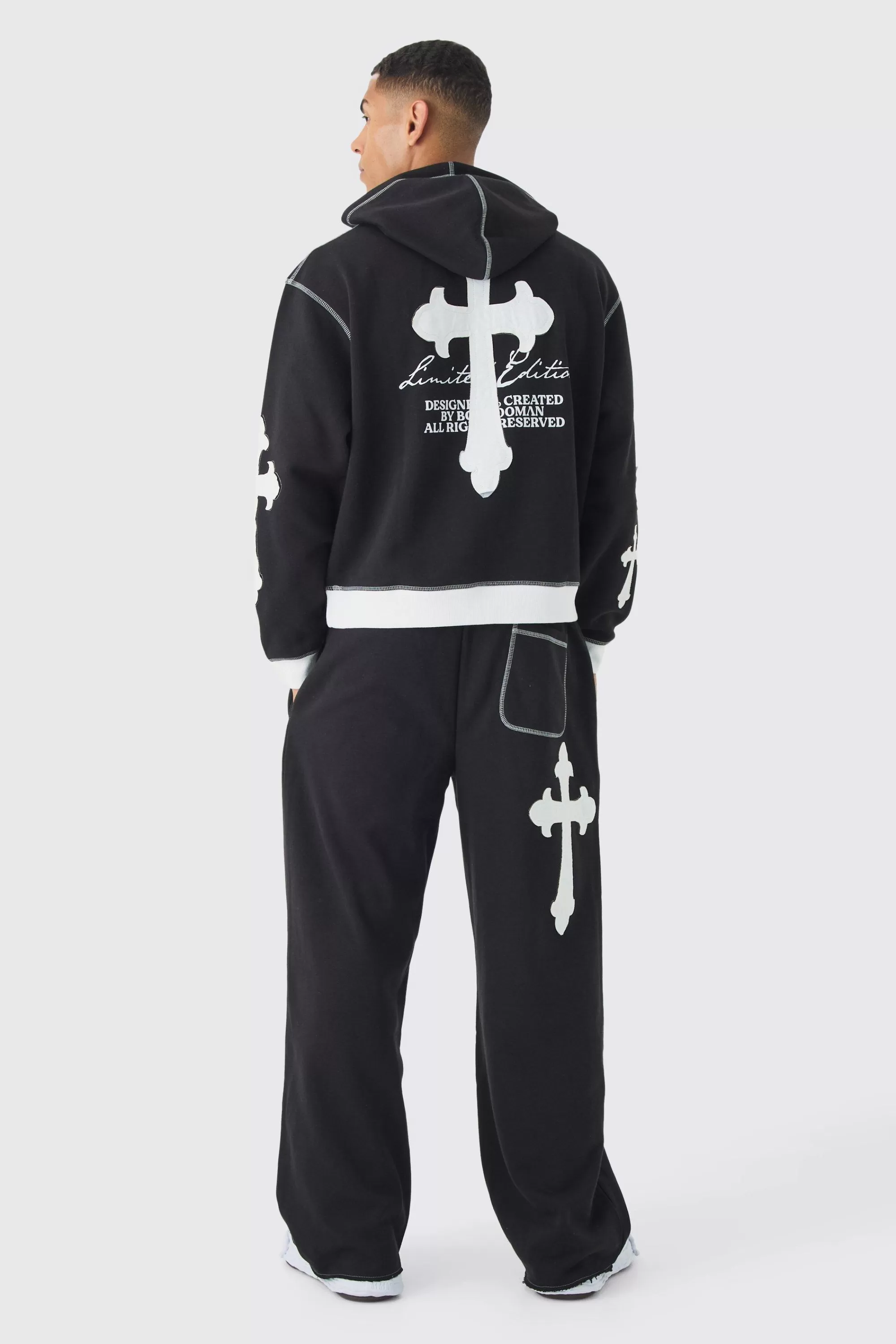 boohooMAN Oversized Boxy Limited Edition Cross Applique Hoodie And Jogger Tracksuit | UK