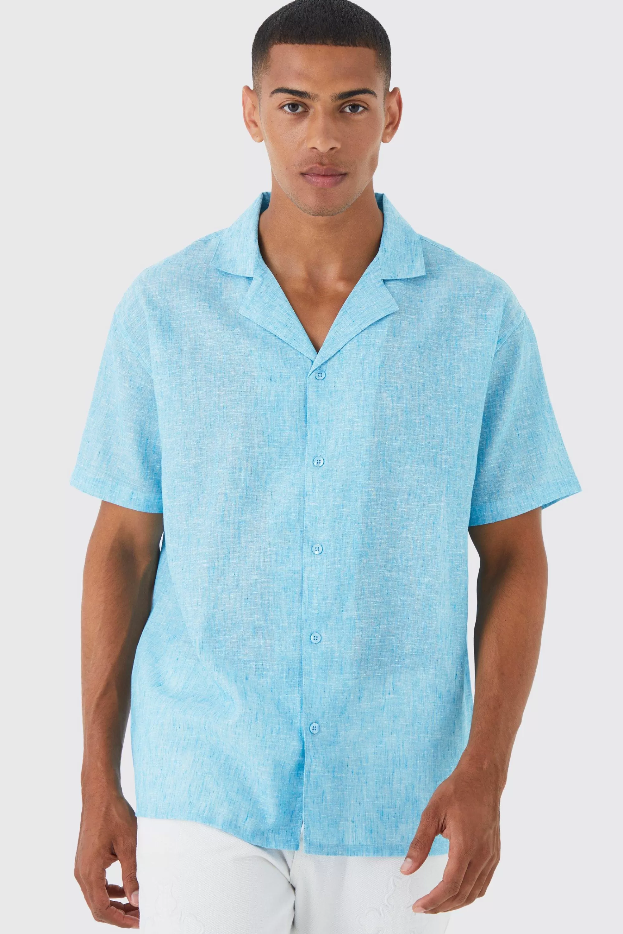 boohooMAN Oversized Boxy Linen Look Revere Shirt | UK