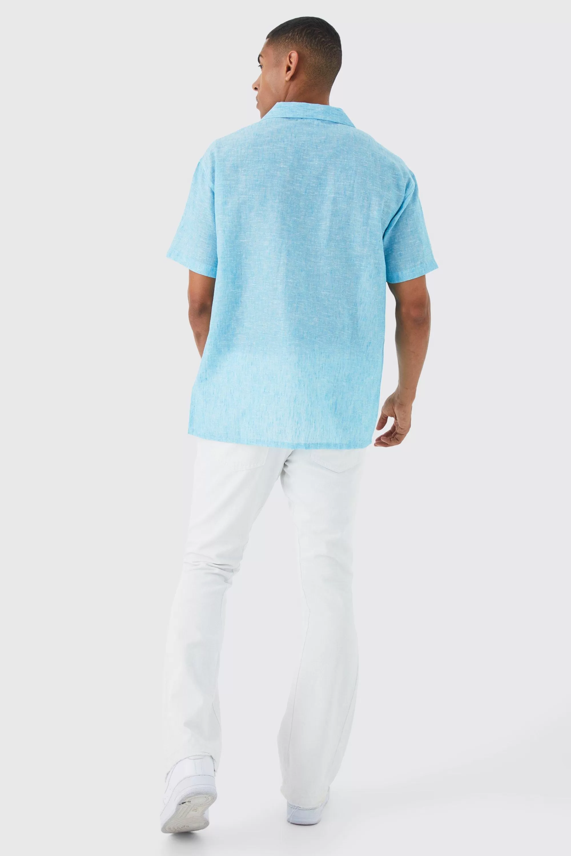 boohooMAN Oversized Boxy Linen Look Revere Shirt | UK