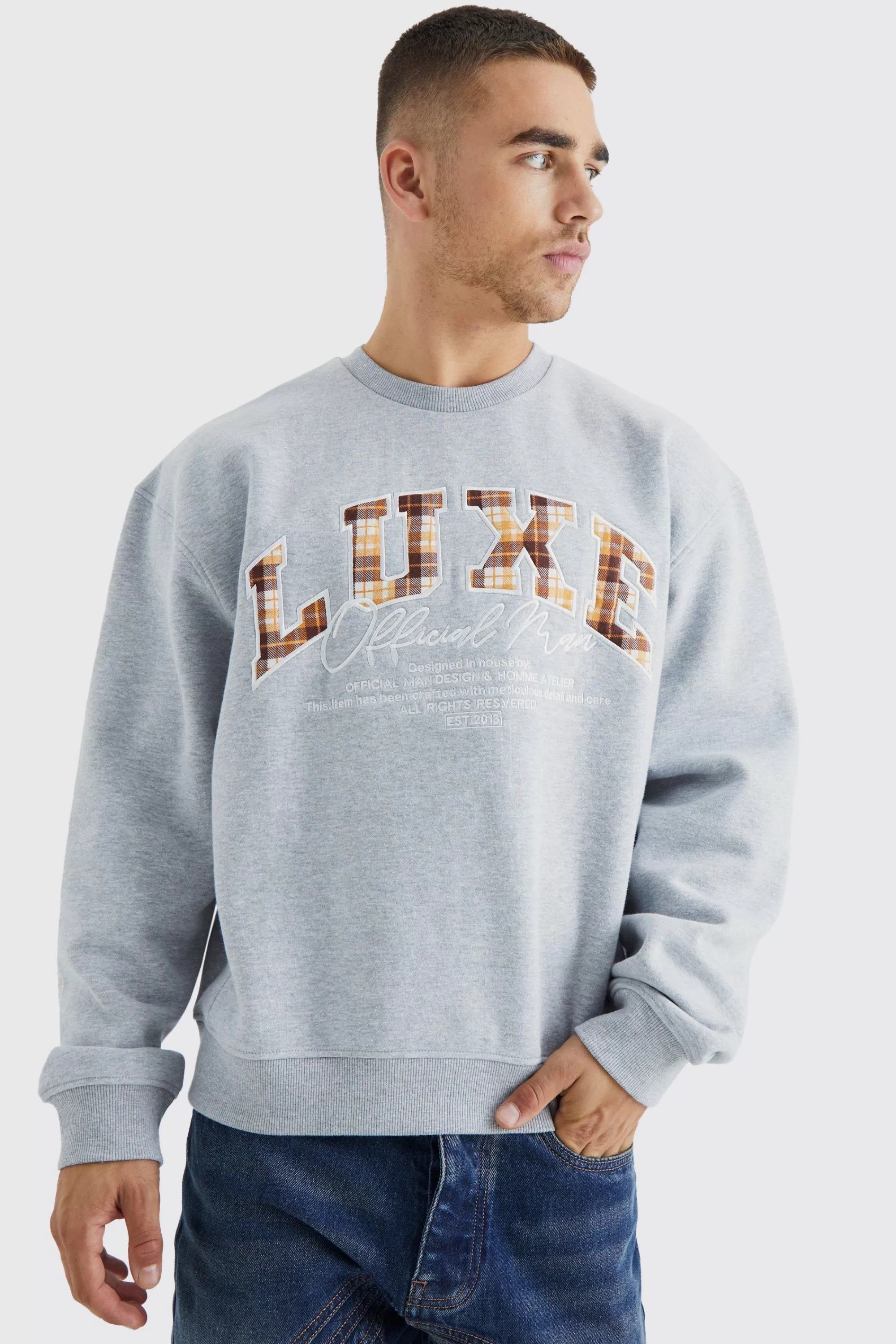 boohooMAN Oversized Boxy Luxe Applique Bear Sweatshirt | UK