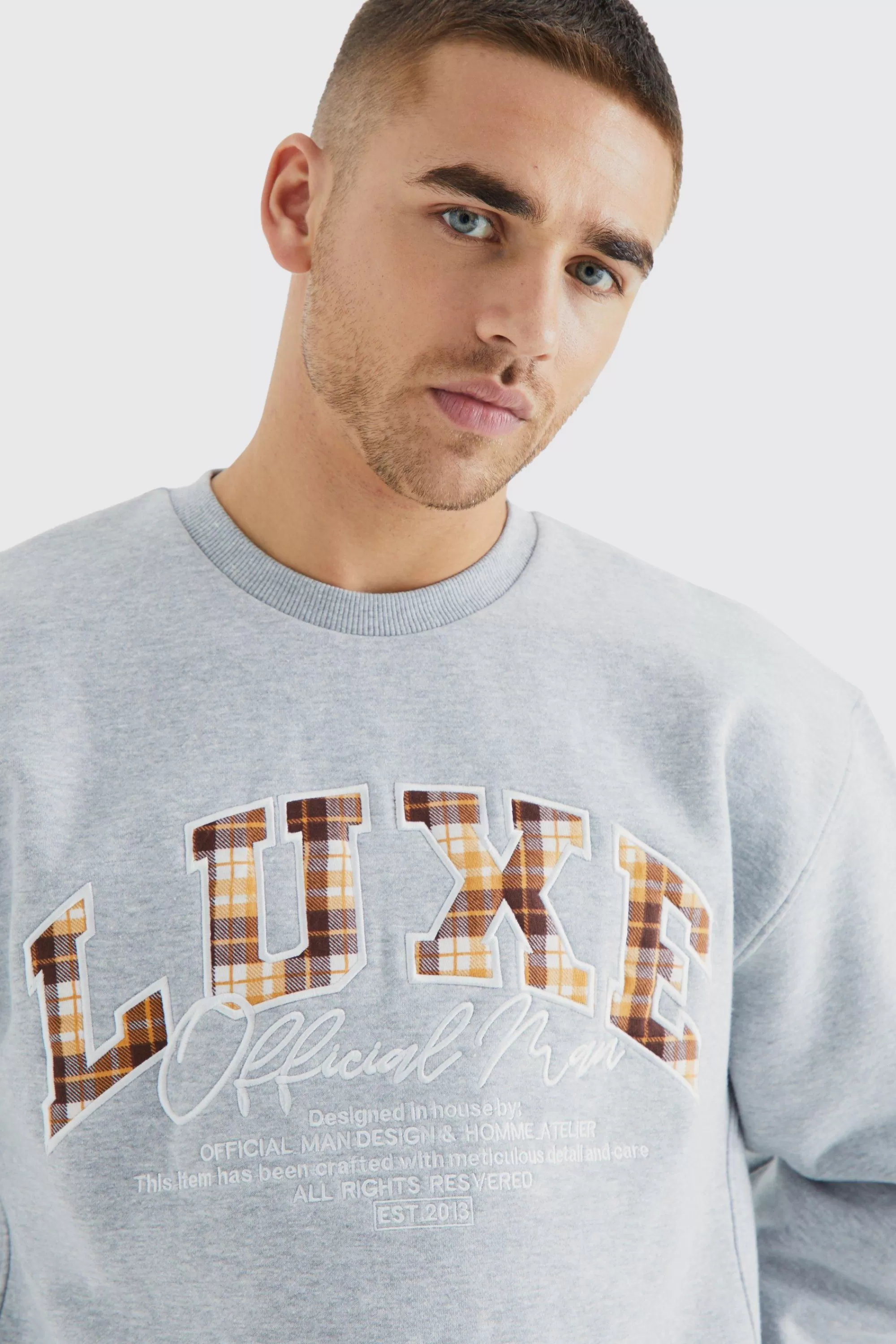 boohooMAN Oversized Boxy Luxe Applique Bear Sweatshirt | UK