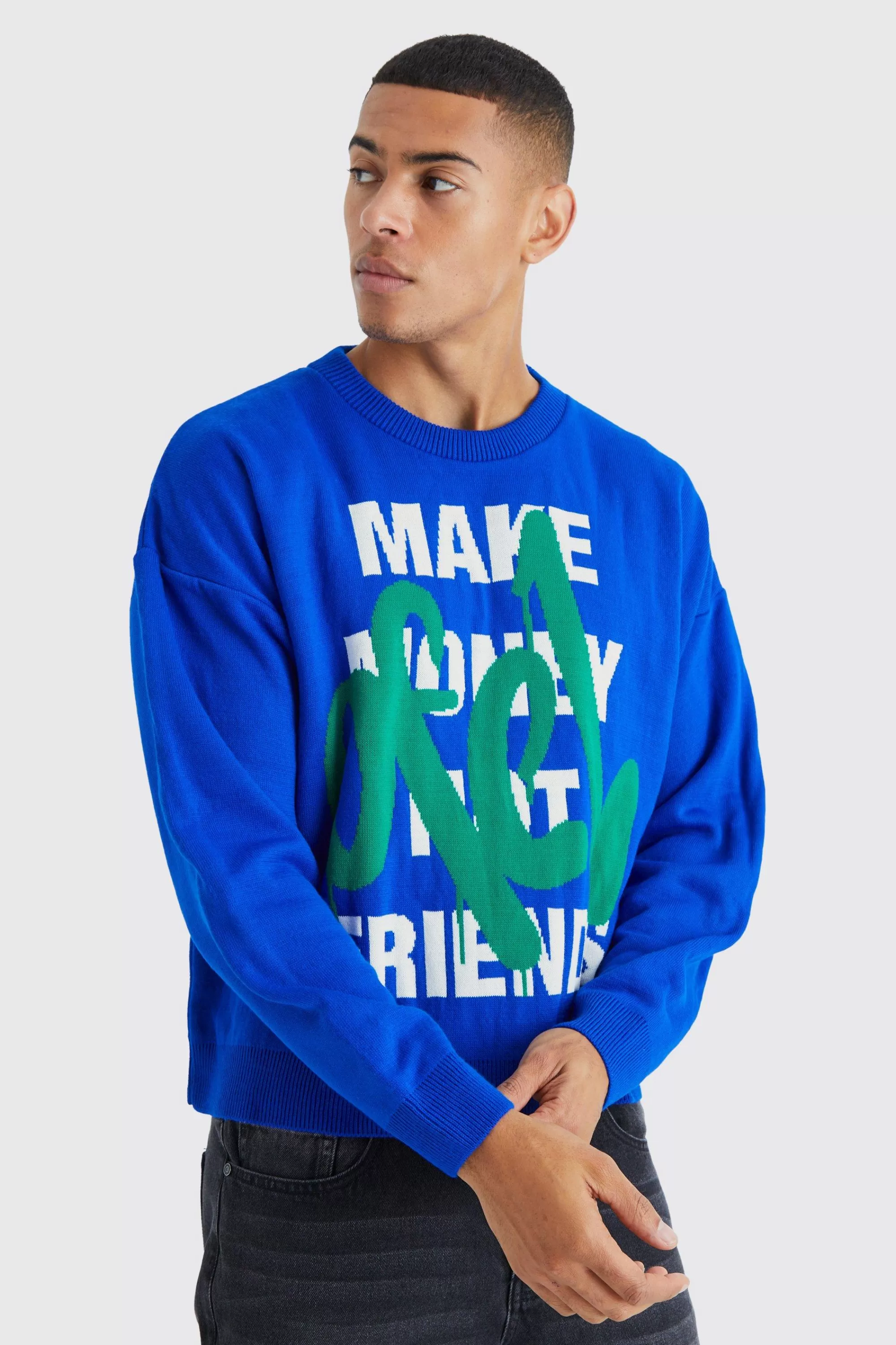 boohooMAN Oversized Boxy Make Money Knit Jumper | UK