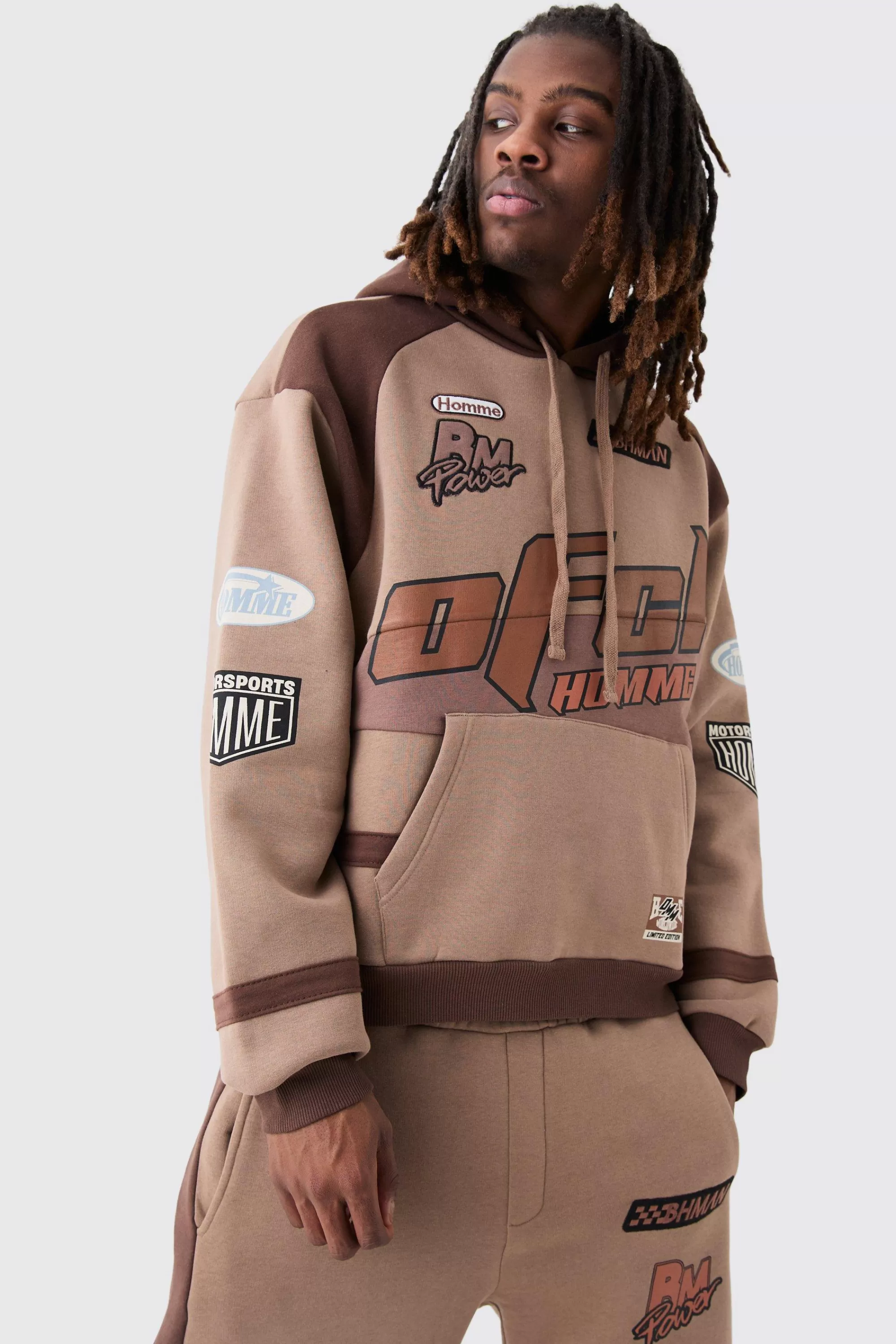 boohooMAN Oversized Boxy Moto Applique Hoodie | UK