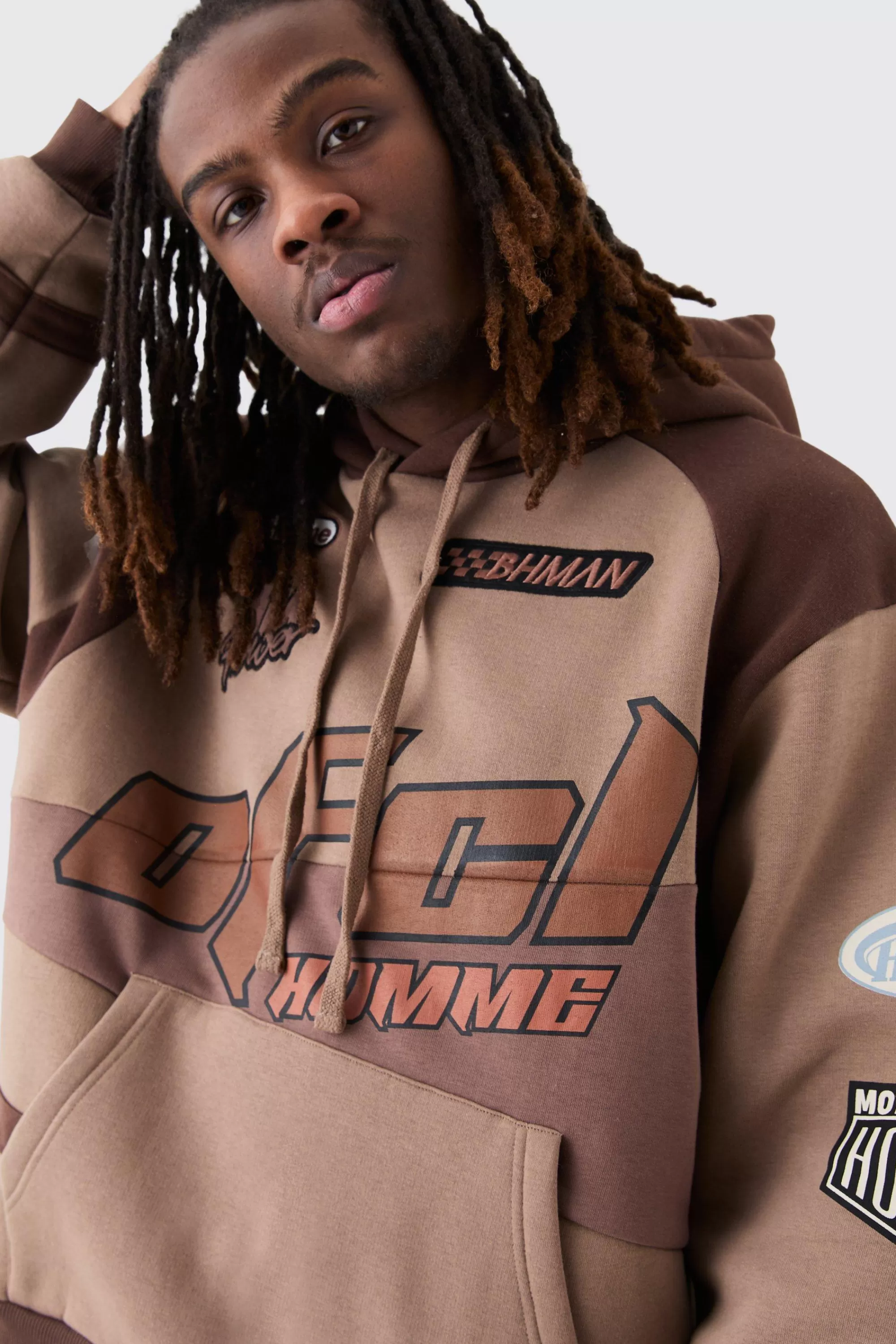 boohooMAN Oversized Boxy Moto Applique Hoodie | UK