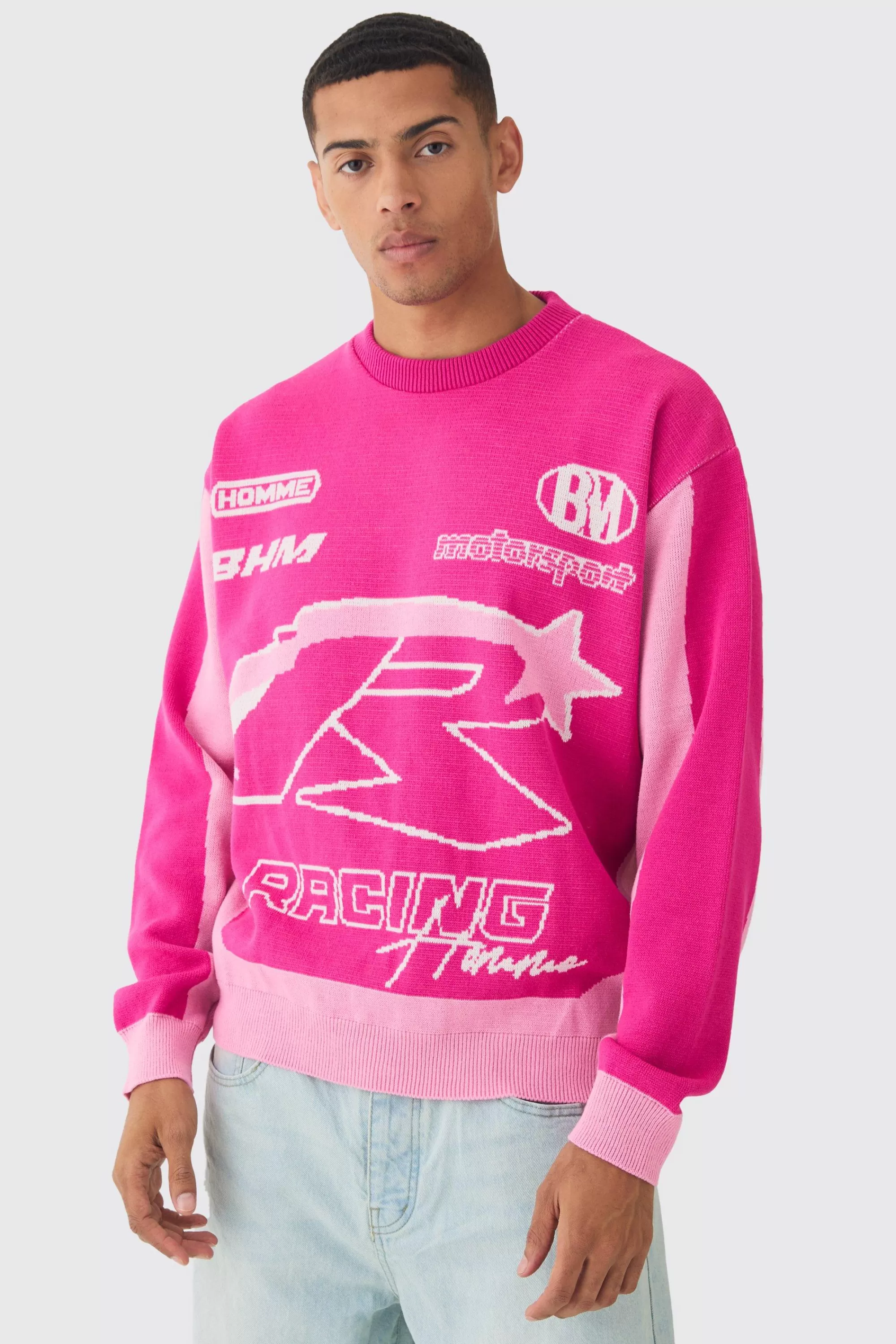 boohooMAN Oversized Boxy Moto Racing Knitted Jumper | UK