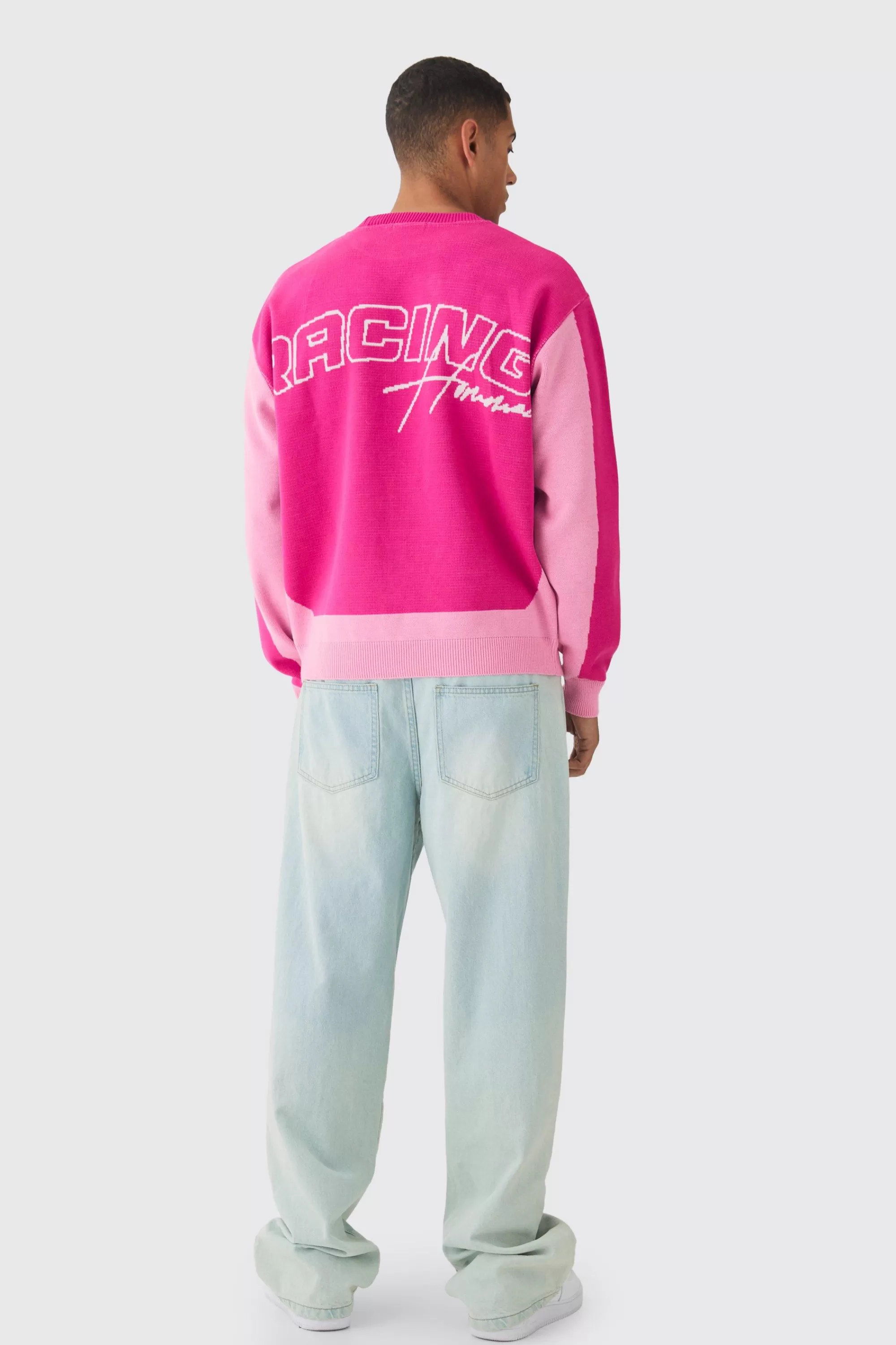 boohooMAN Oversized Boxy Moto Racing Knitted Jumper | UK