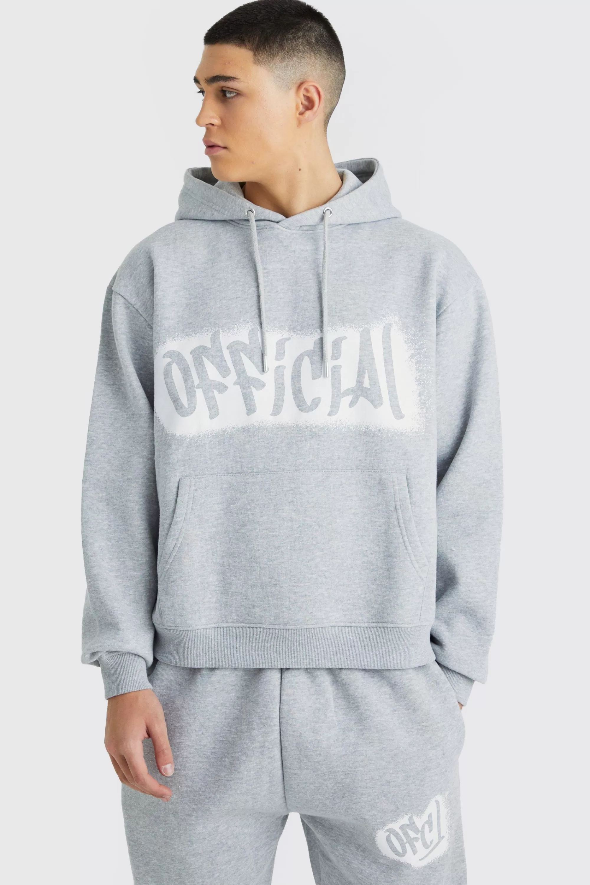boohooMAN Oversized Boxy Ofcl Spray Split Hem Tracksuit | UK