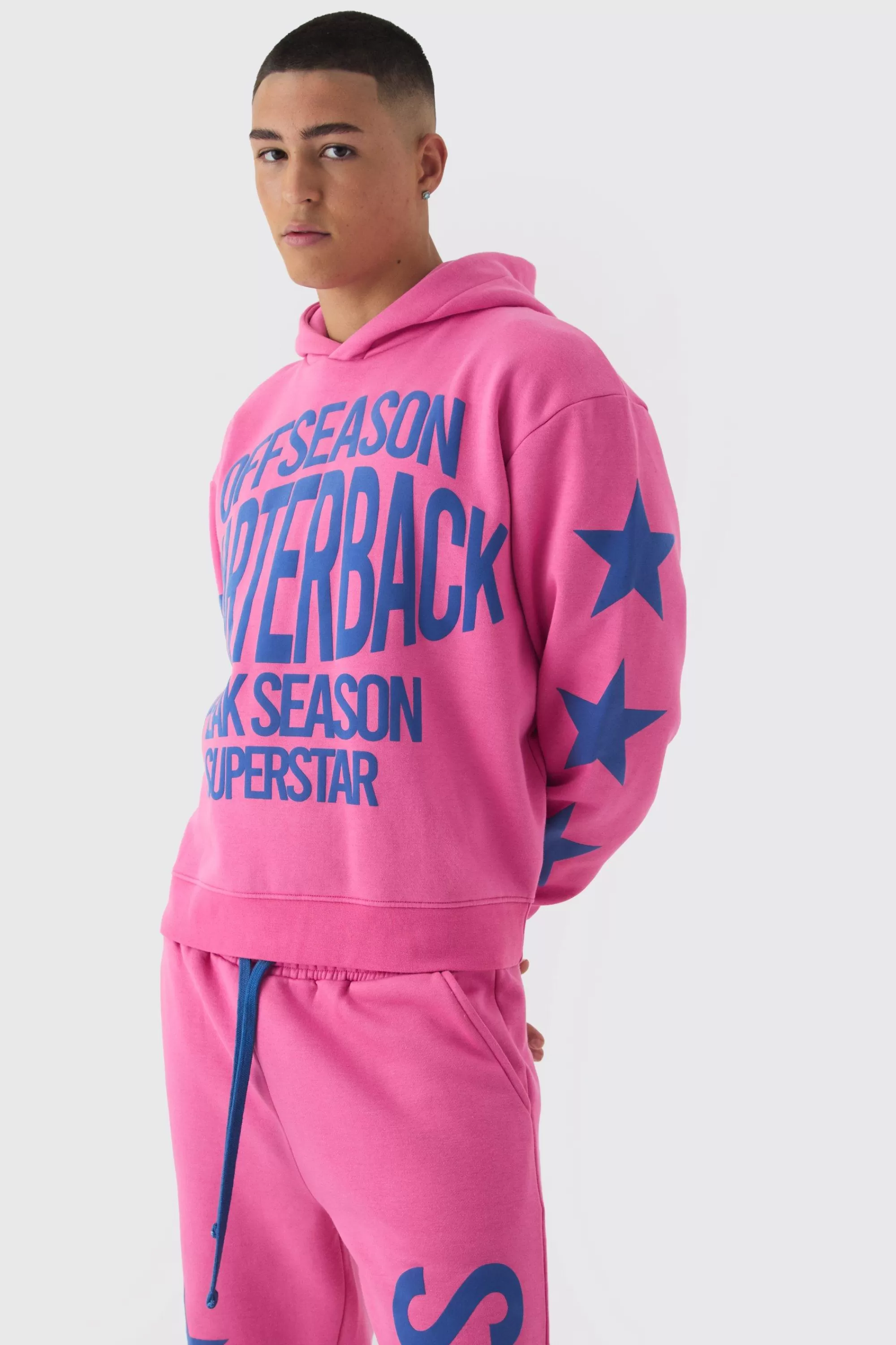boohooMAN Oversized Boxy Off Season Puff Printed Hooded Tracksuit | UK