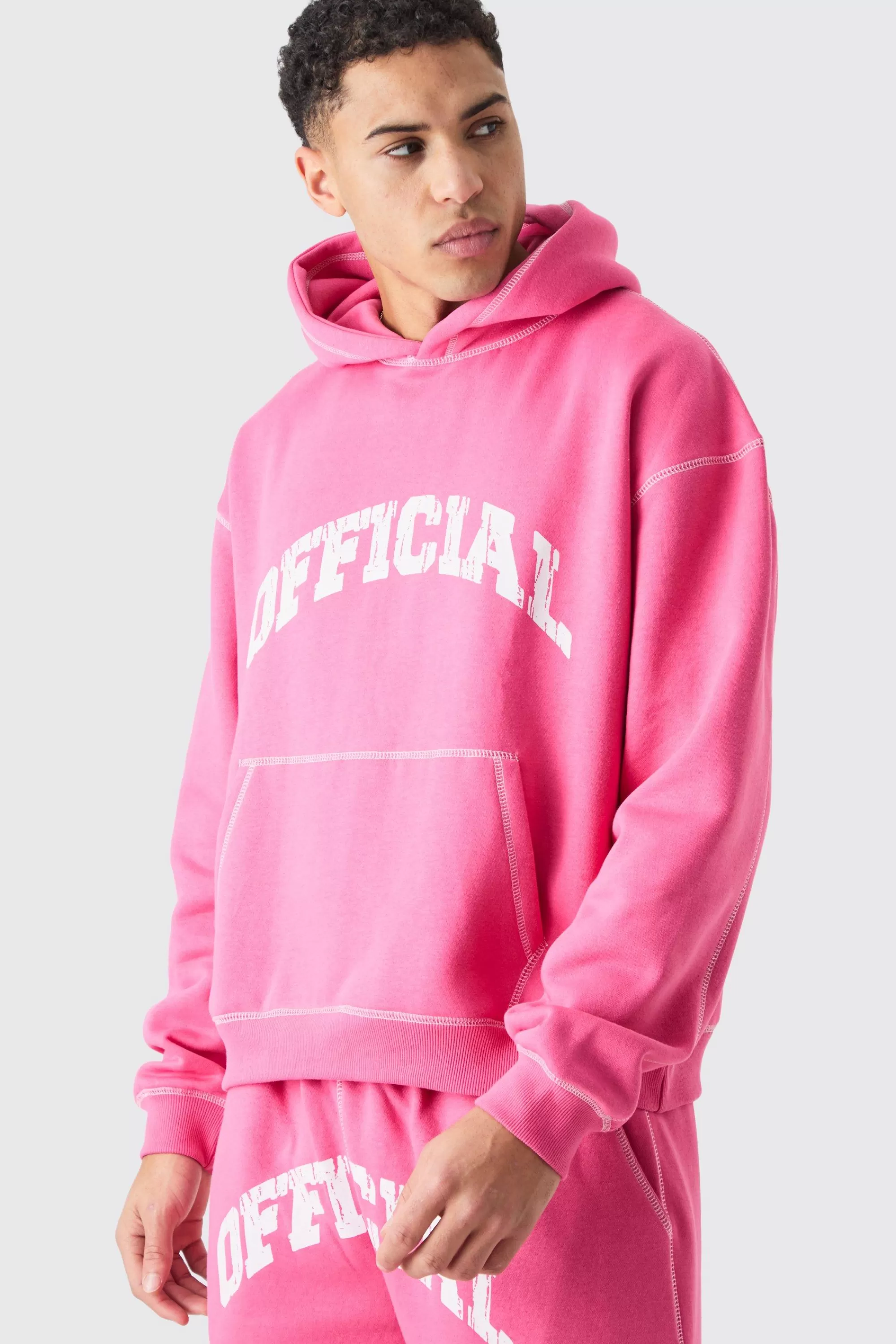 boohooMAN Oversized Boxy Official Contrast Stitch Hoodie | UK