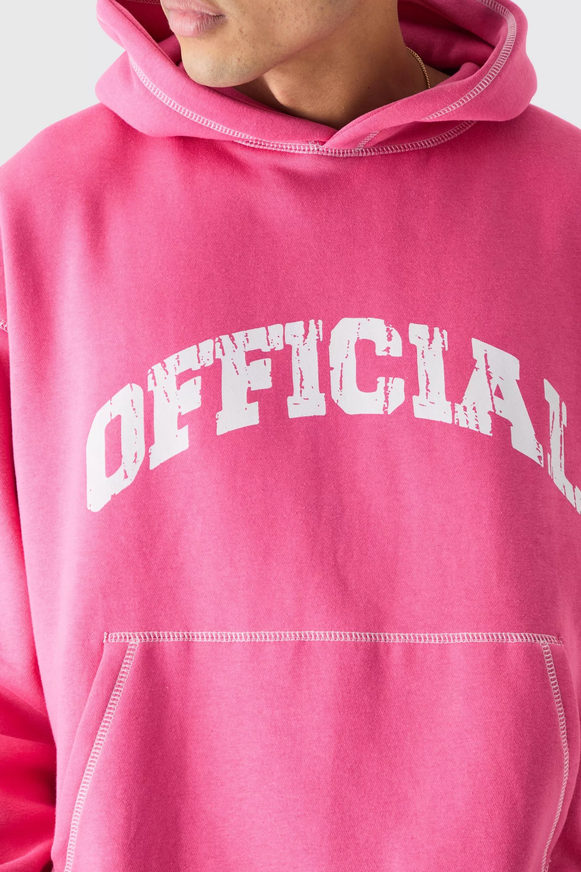 boohooMAN Oversized Boxy Official Contrast Stitch Hoodie | UK