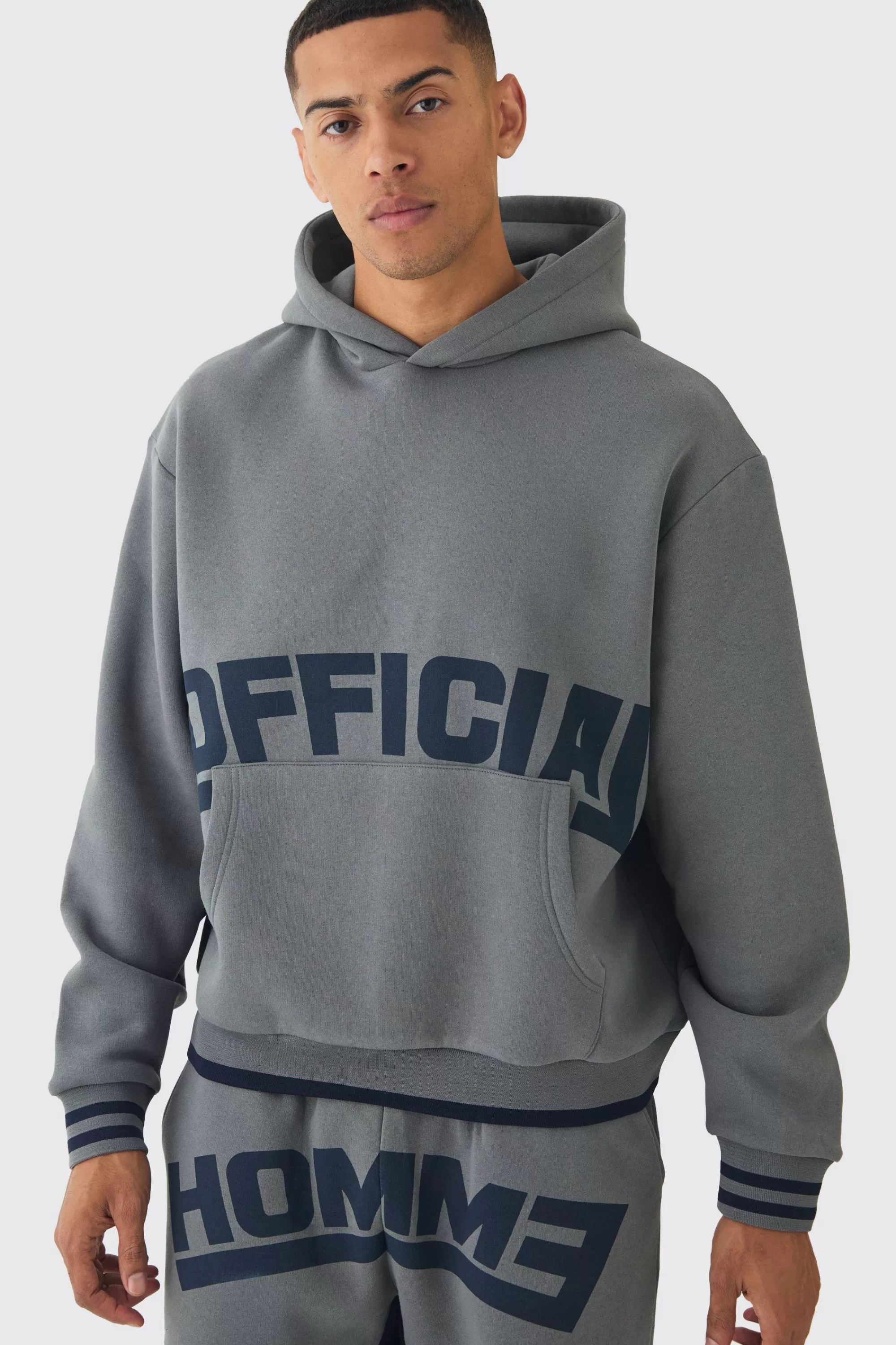boohooMAN Oversized Boxy Official Graphic Stripe Rib Hoodie | UK