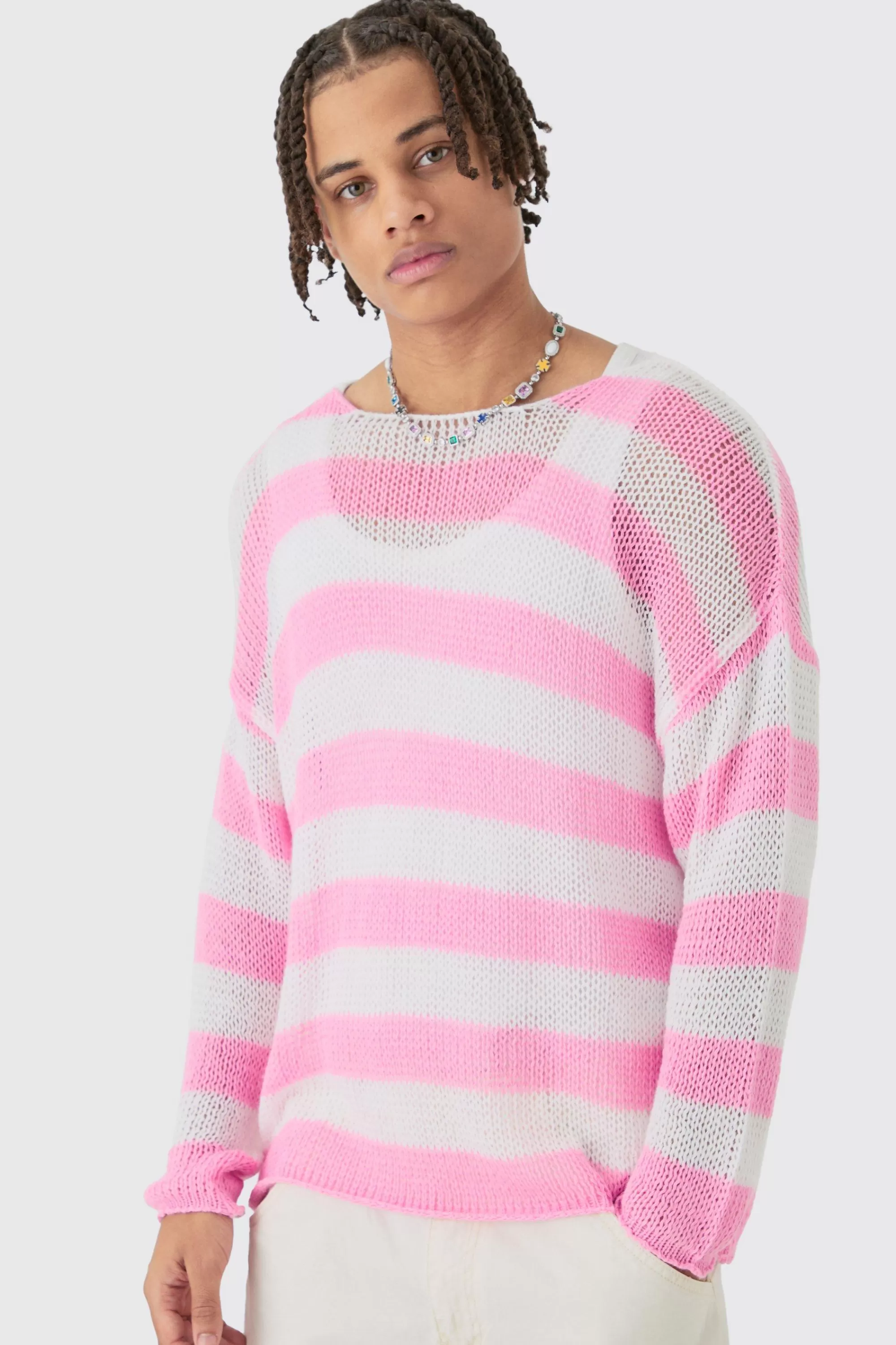 boohooMAN Oversized Boxy Open Knit Stripe Jumper In | UK