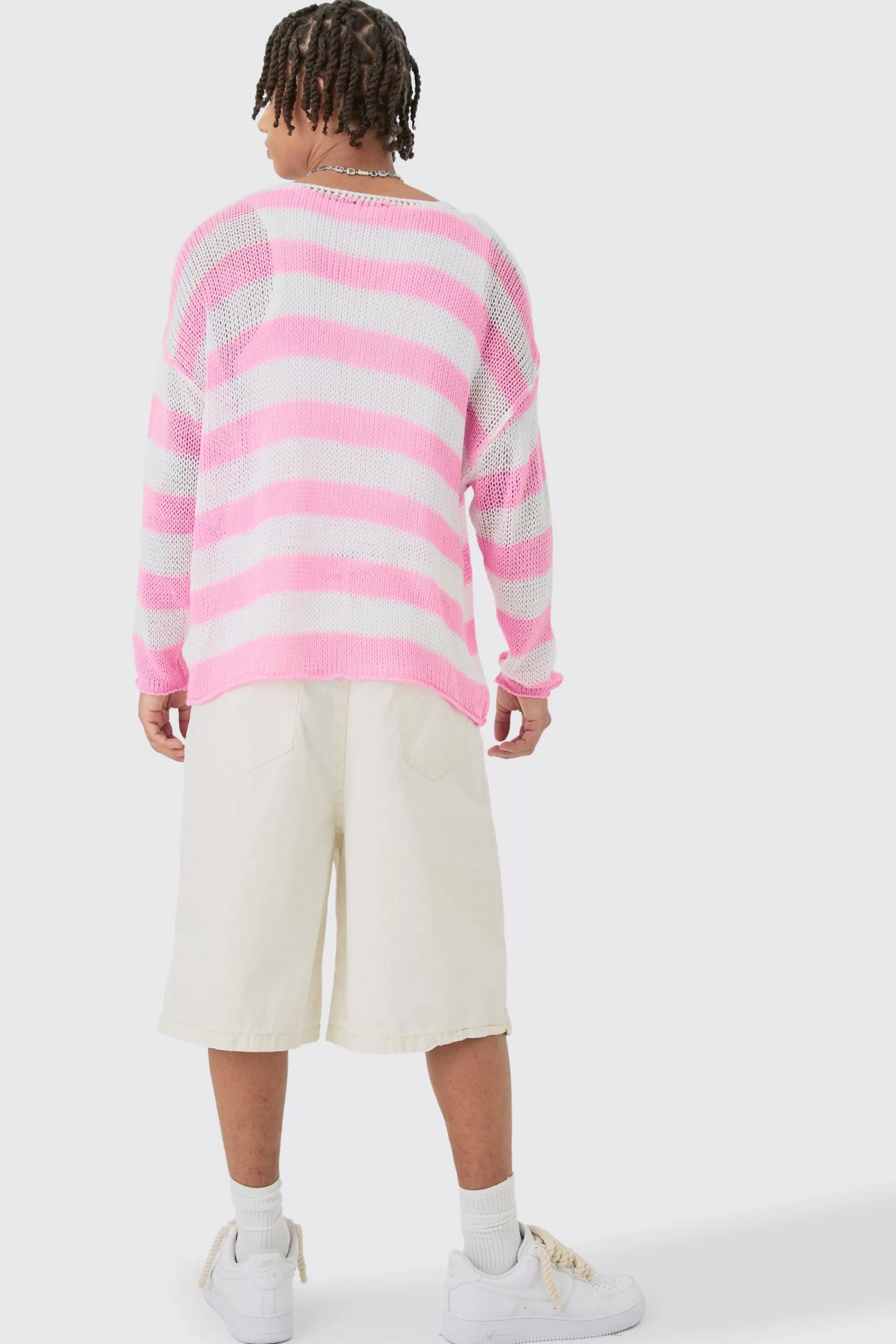 boohooMAN Oversized Boxy Open Knit Stripe Jumper In | UK