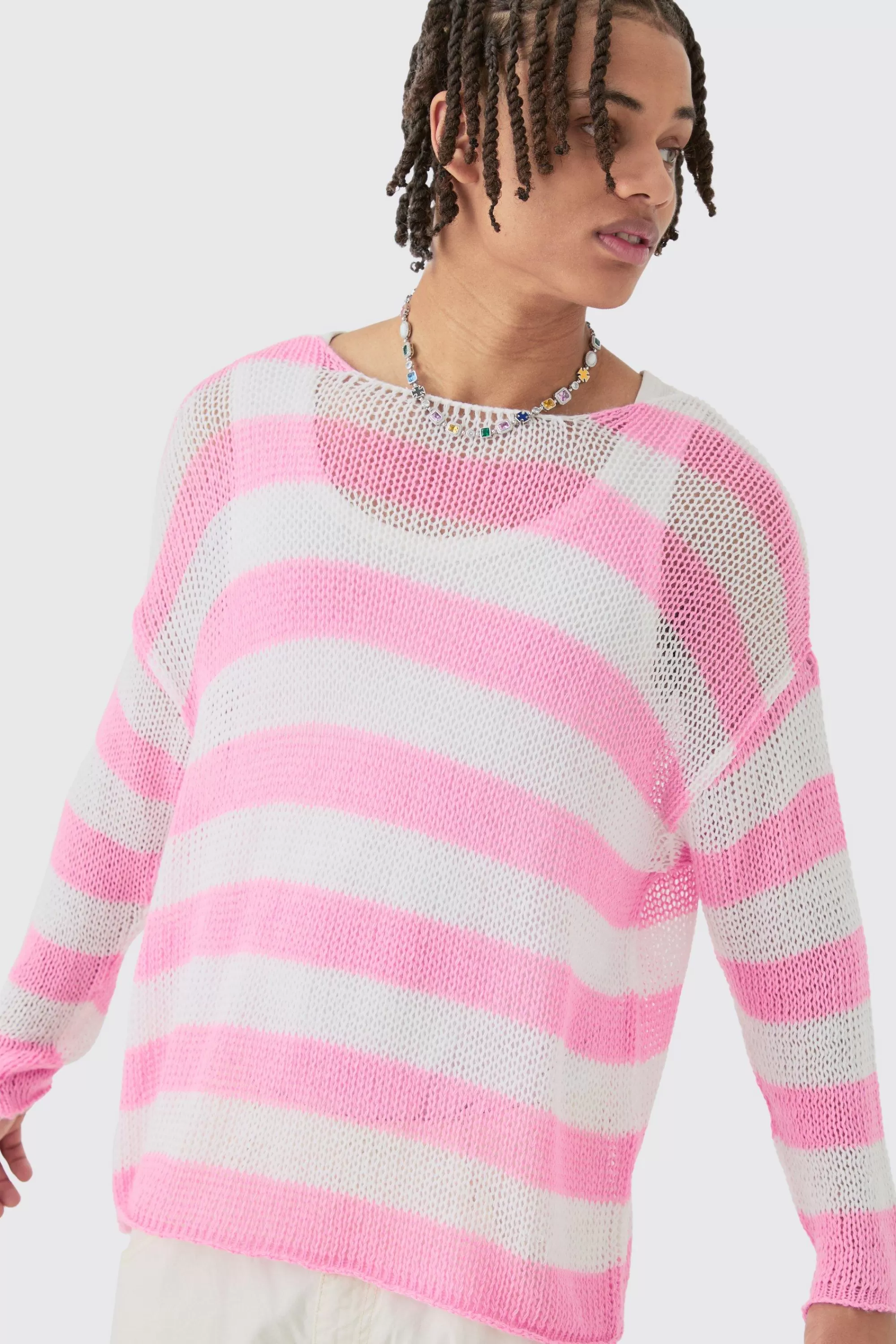 boohooMAN Oversized Boxy Open Knit Stripe Jumper In | UK