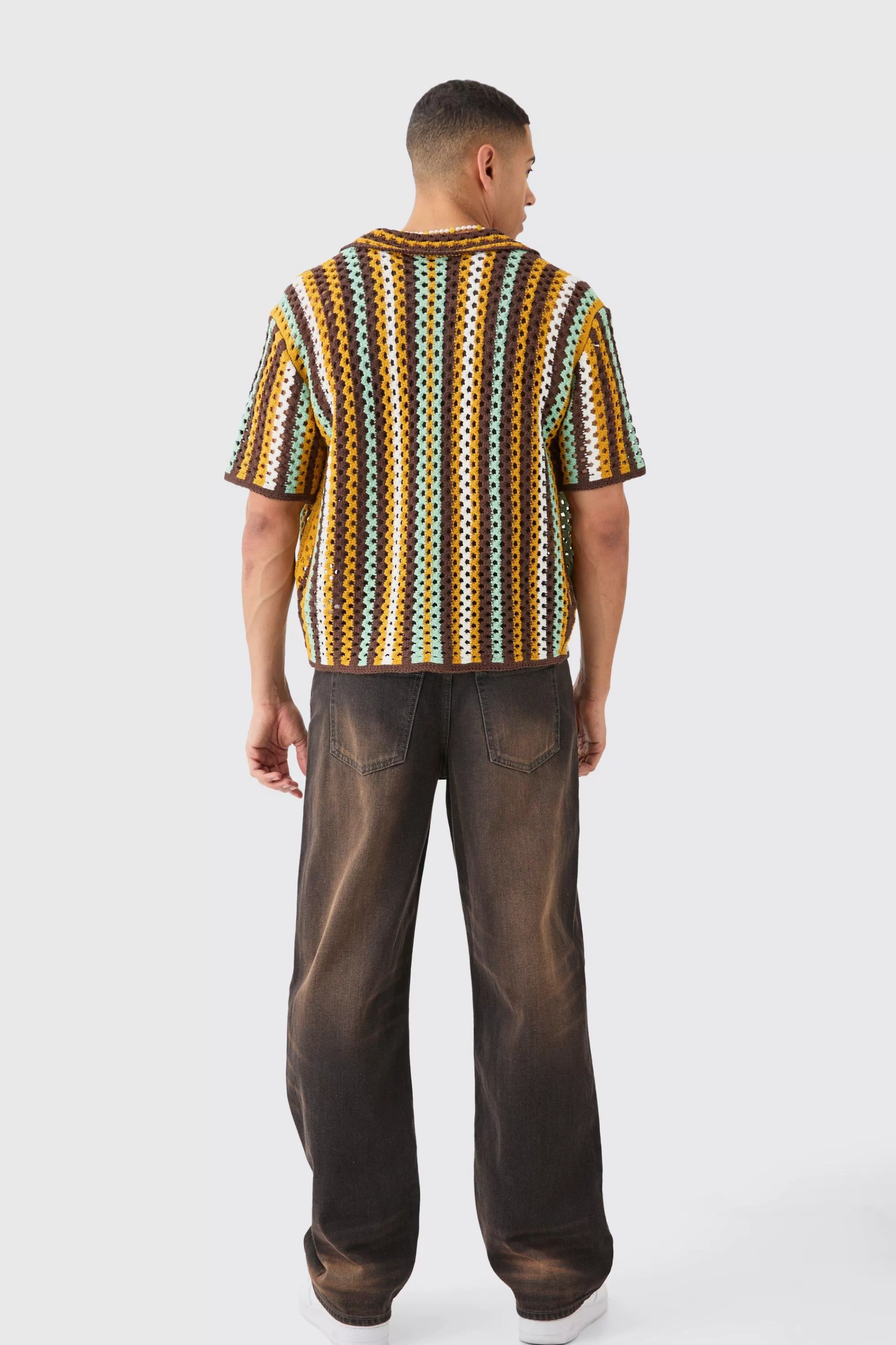 boohooMAN Oversized Boxy Open Knit Stripe Shirt | UK