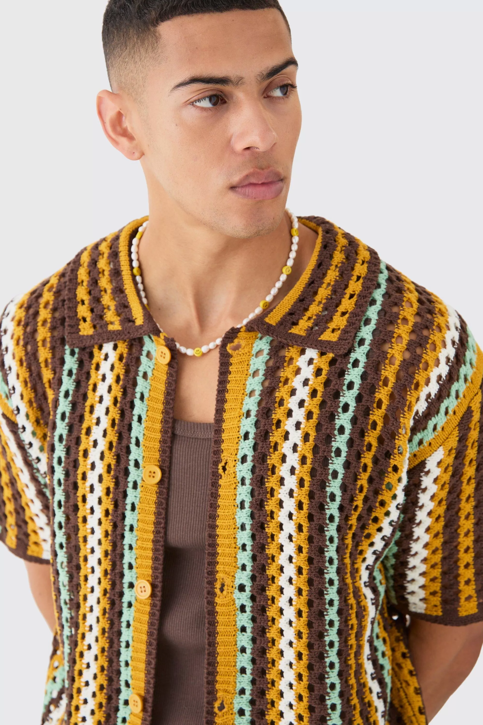 boohooMAN Oversized Boxy Open Knit Stripe Shirt | UK
