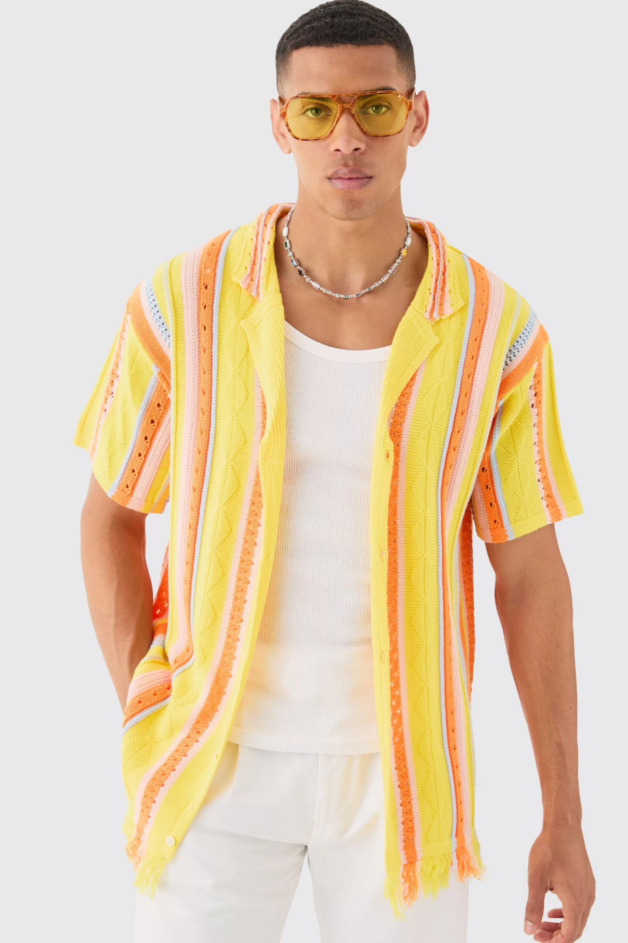 boohooMAN Oversized Boxy Open Stitch 3D Knit Shirt In | UK