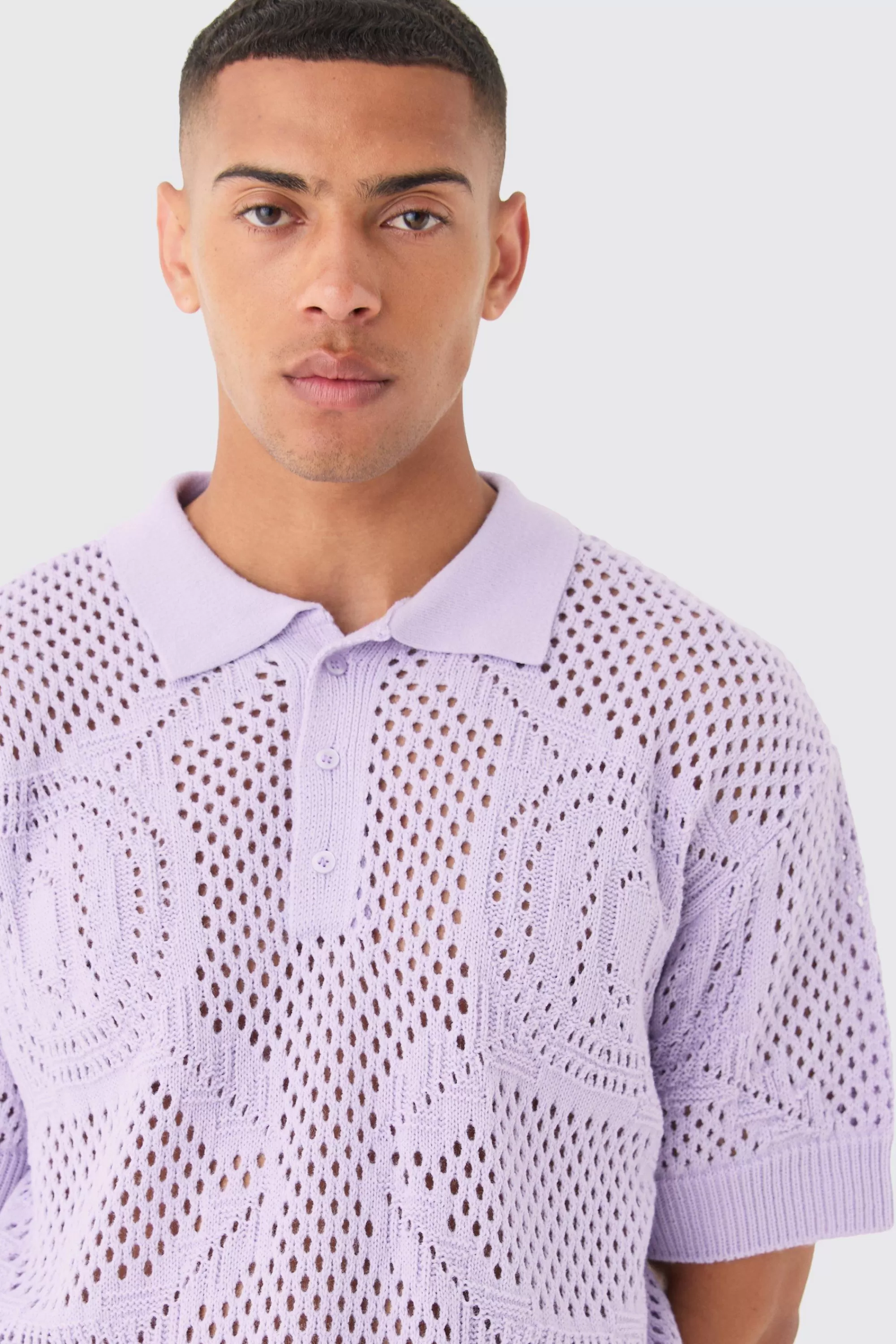 boohooMAN Oversized Boxy Open Stitch All Over Textured Polo In | UK
