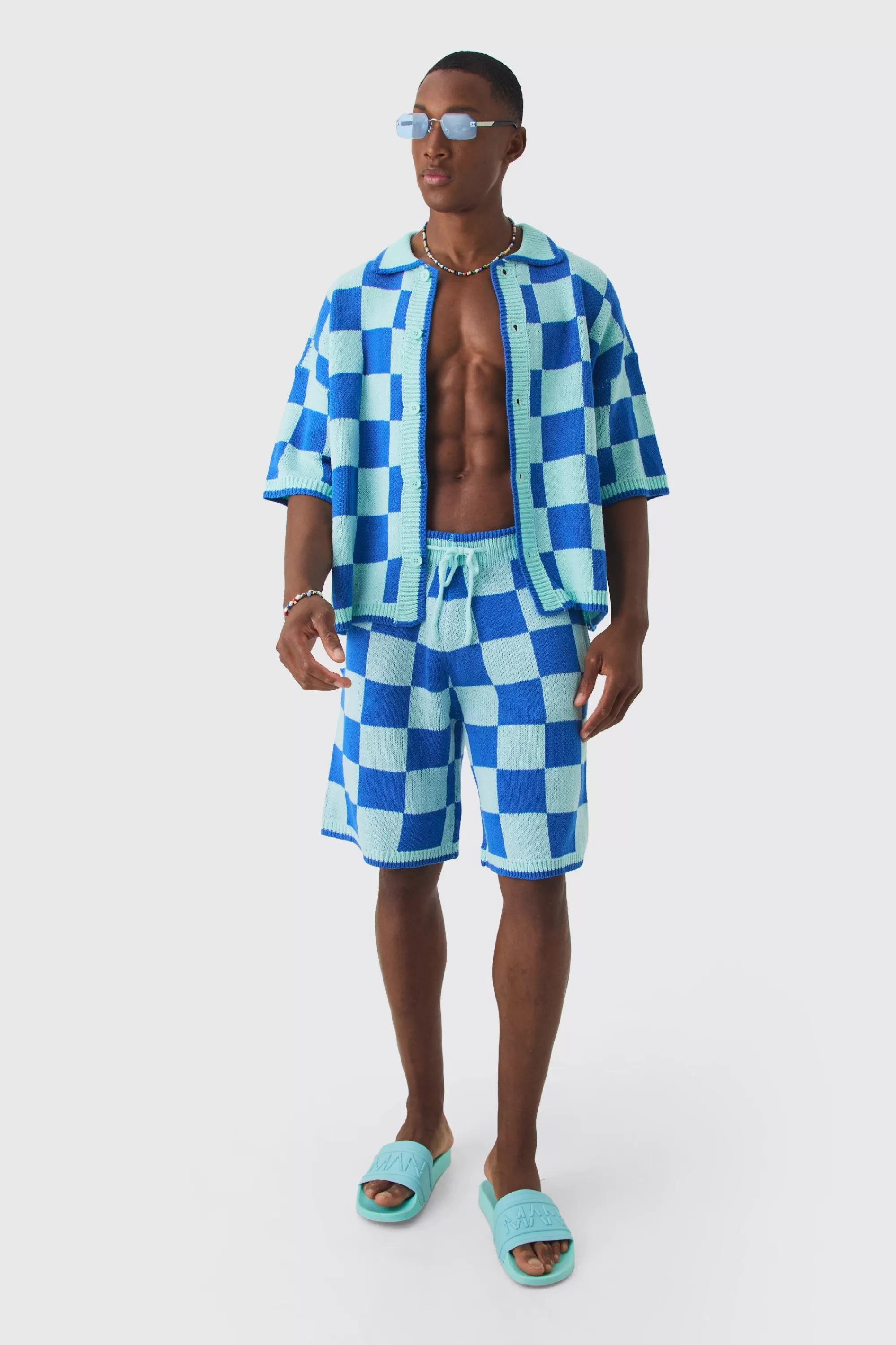 boohooMAN Oversized Boxy Open Stitch Checked Shirt & Short Set With Metal Tab | UK
