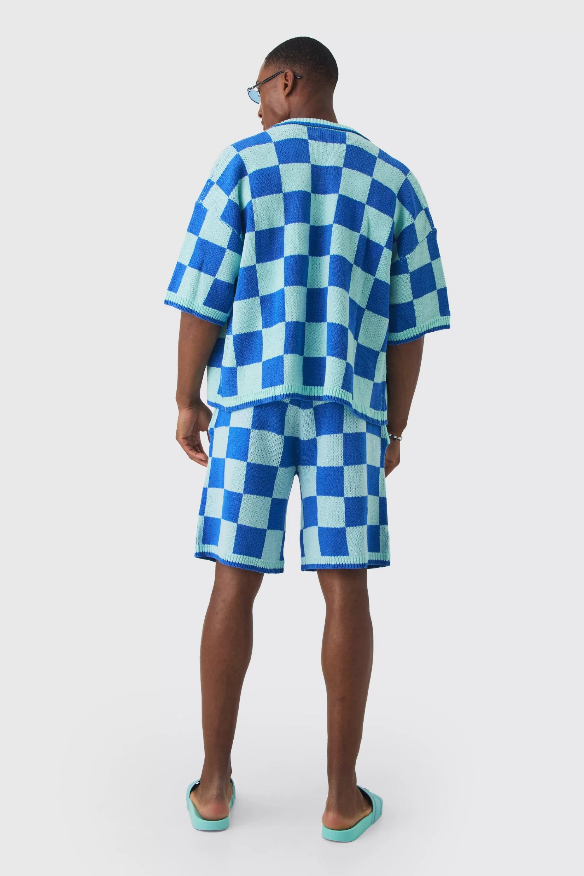 boohooMAN Oversized Boxy Open Stitch Checked Shirt & Short Set With Metal Tab | UK