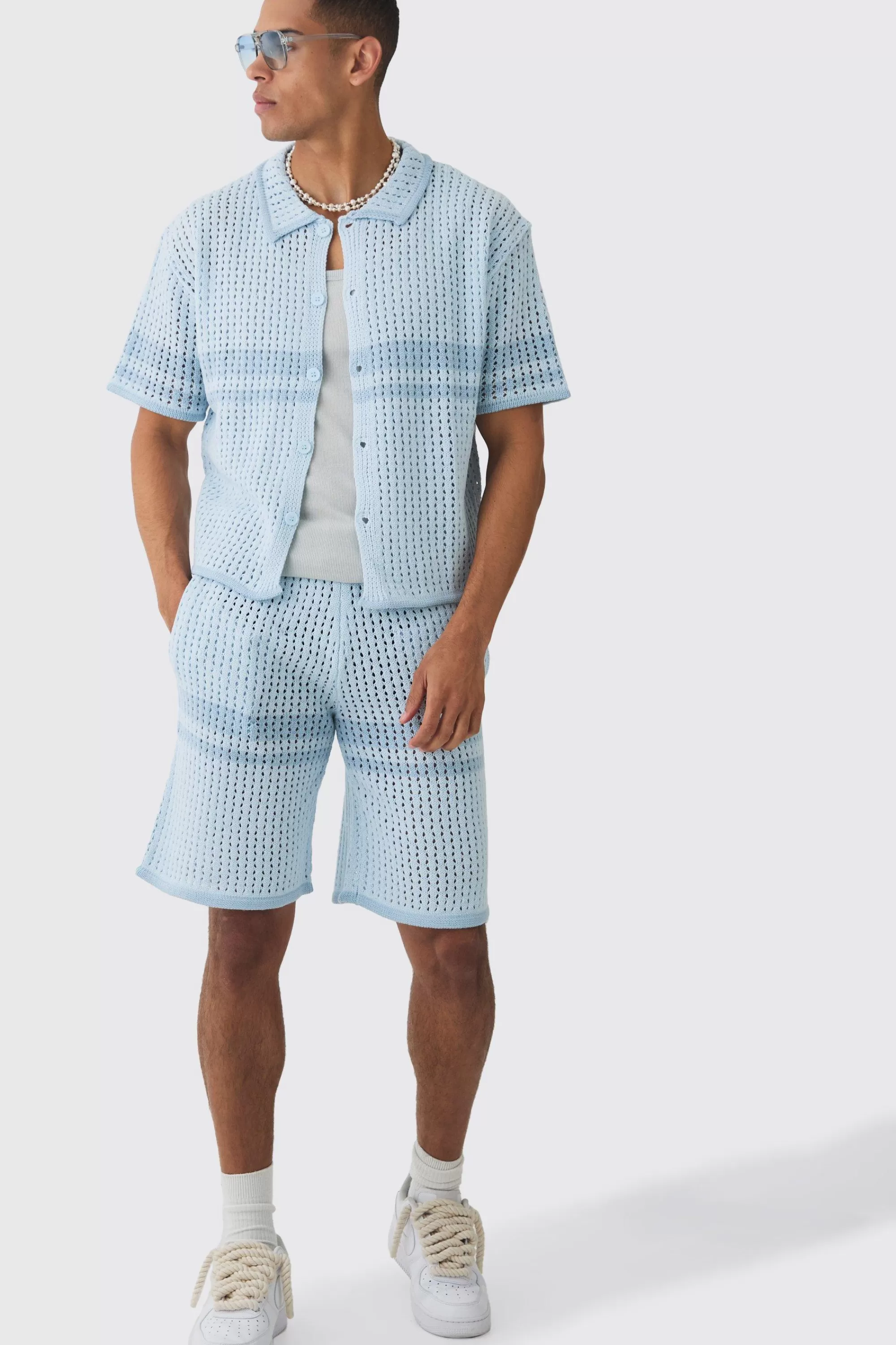boohooMAN Oversized Boxy Open Stitch Colour Block Shirt & Short Set | UK