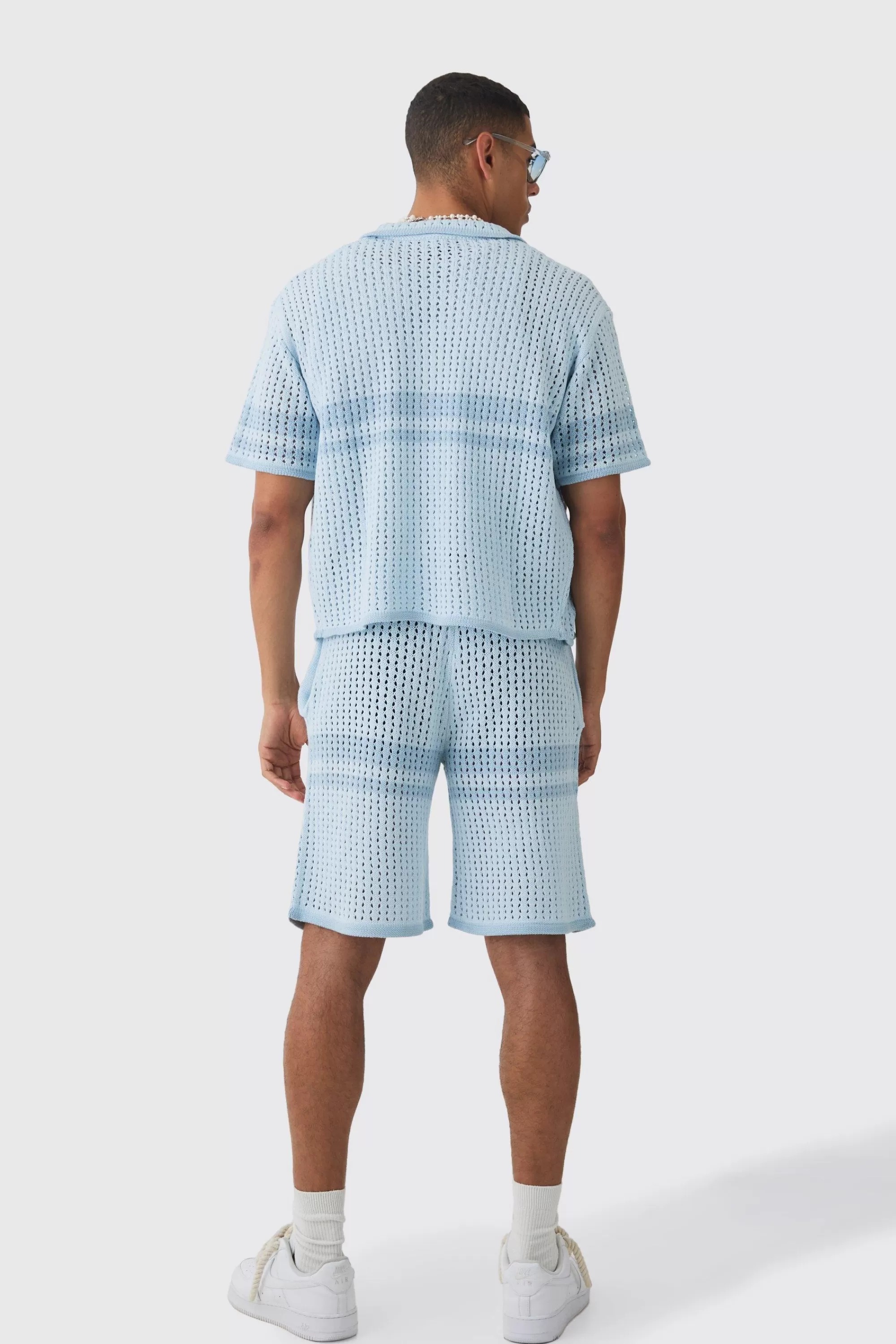 boohooMAN Oversized Boxy Open Stitch Colour Block Shirt & Short Set | UK