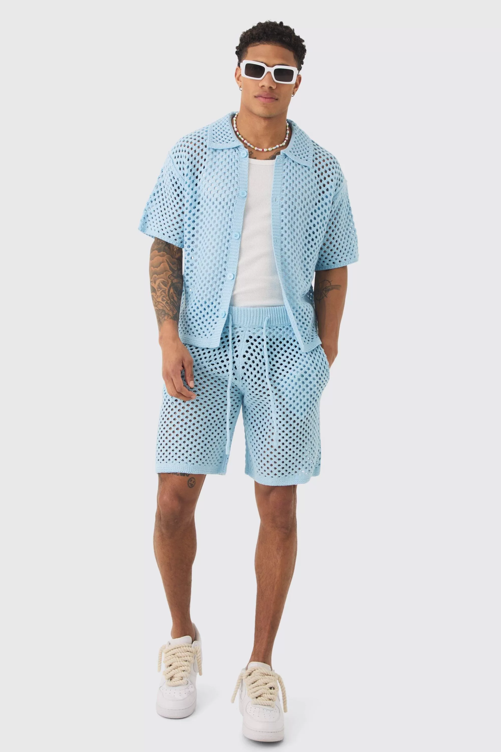 boohooMAN Oversized Boxy Open Stitch Shirt & Short Set With Metal Tab | UK