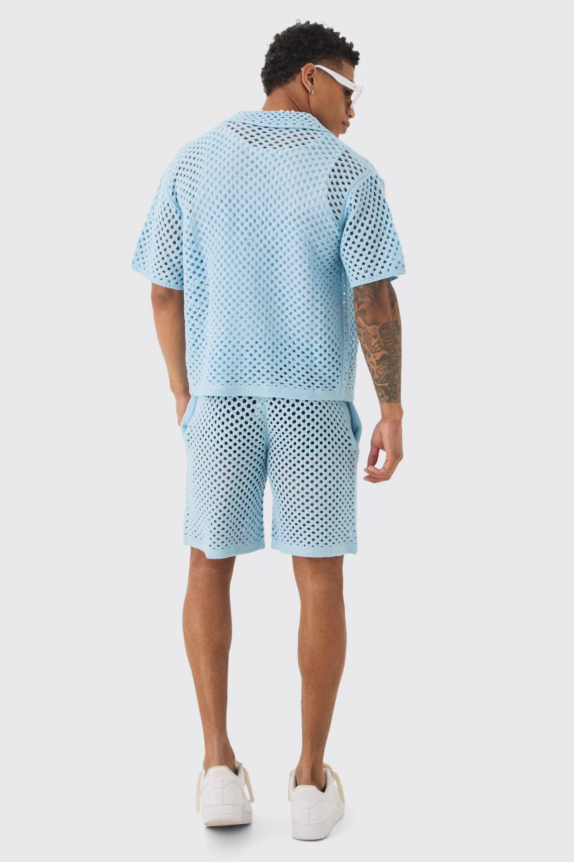 boohooMAN Oversized Boxy Open Stitch Shirt & Short Set With Metal Tab | UK