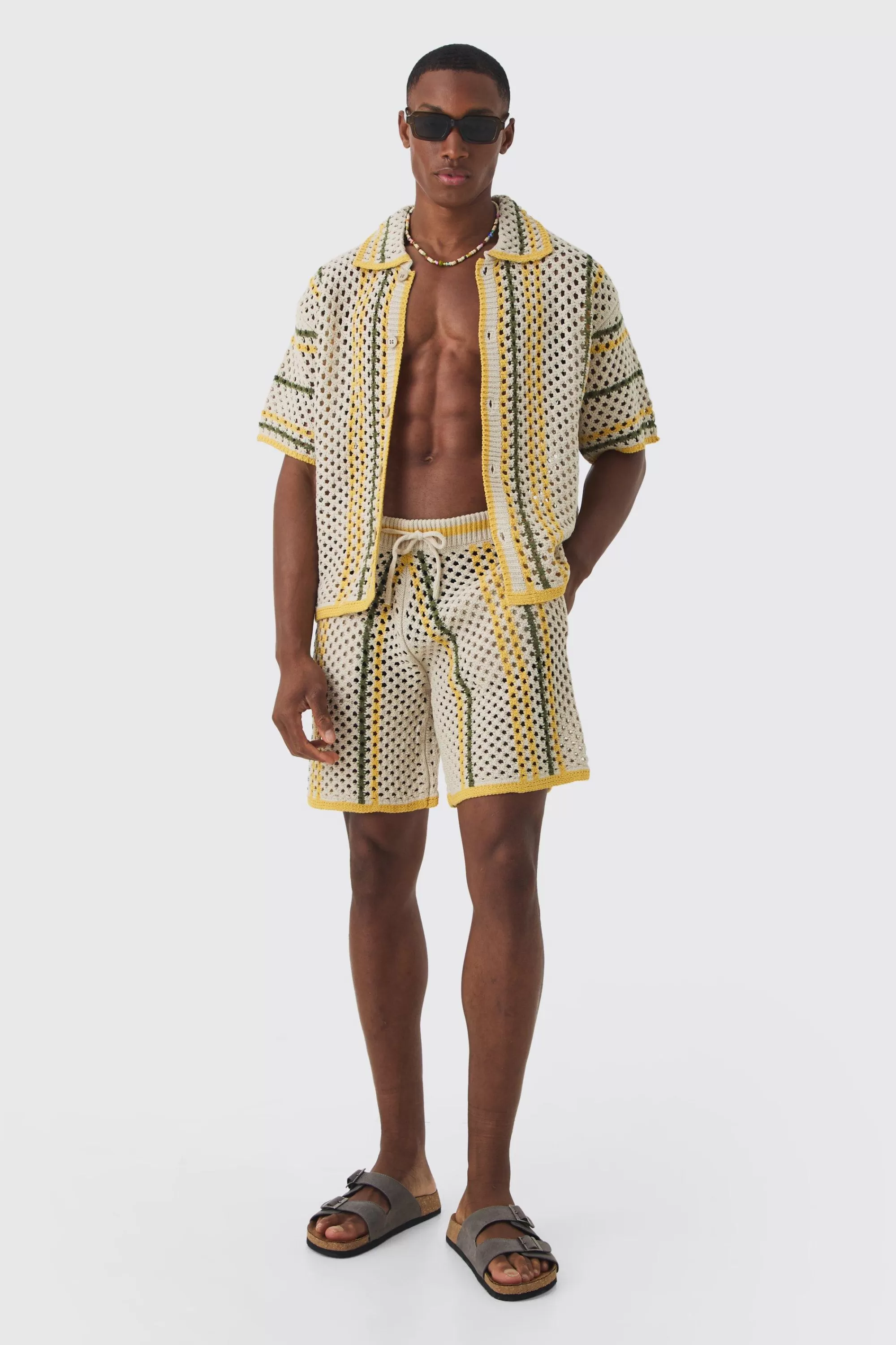 boohooMAN Oversized Boxy Open Stitch Stripe Shirt Short Set With Drawcords | UK