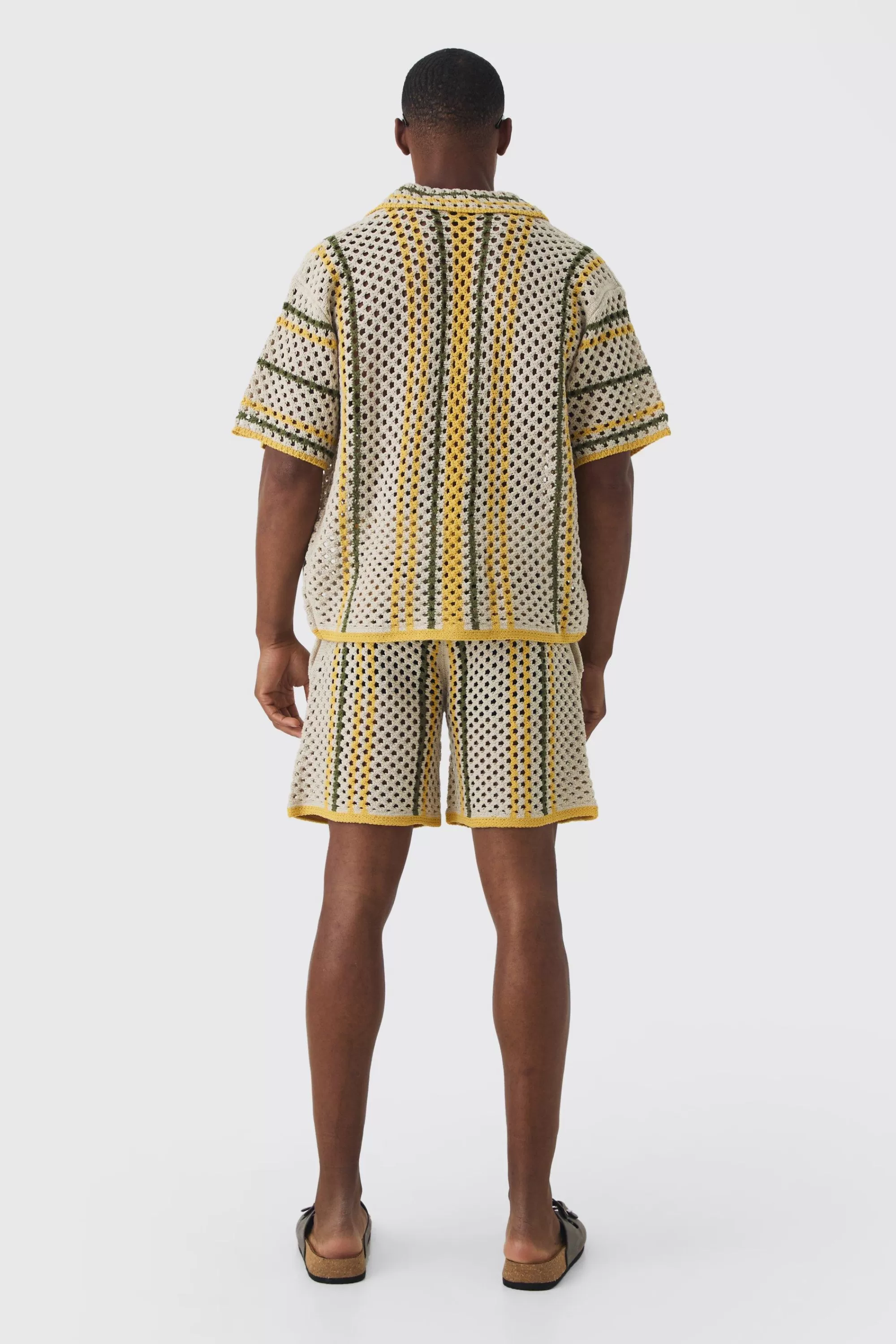 boohooMAN Oversized Boxy Open Stitch Stripe Shirt Short Set With Drawcords | UK
